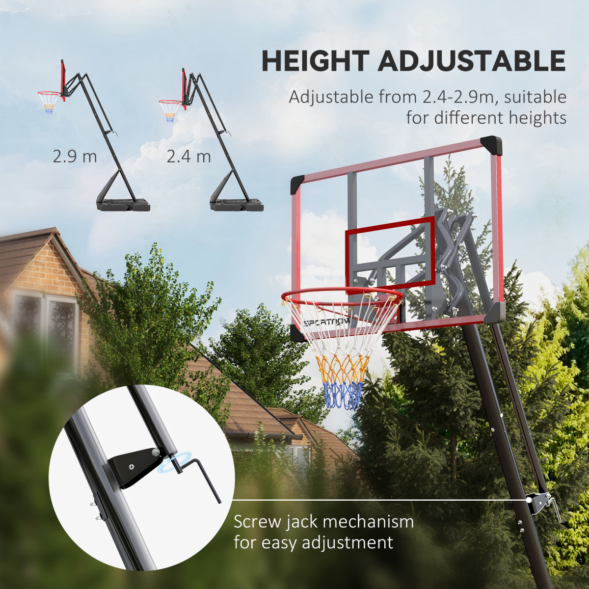SPORTNOW Adjustable Basketball Hoop with Weighted Base, 2.4-2.9m, Red