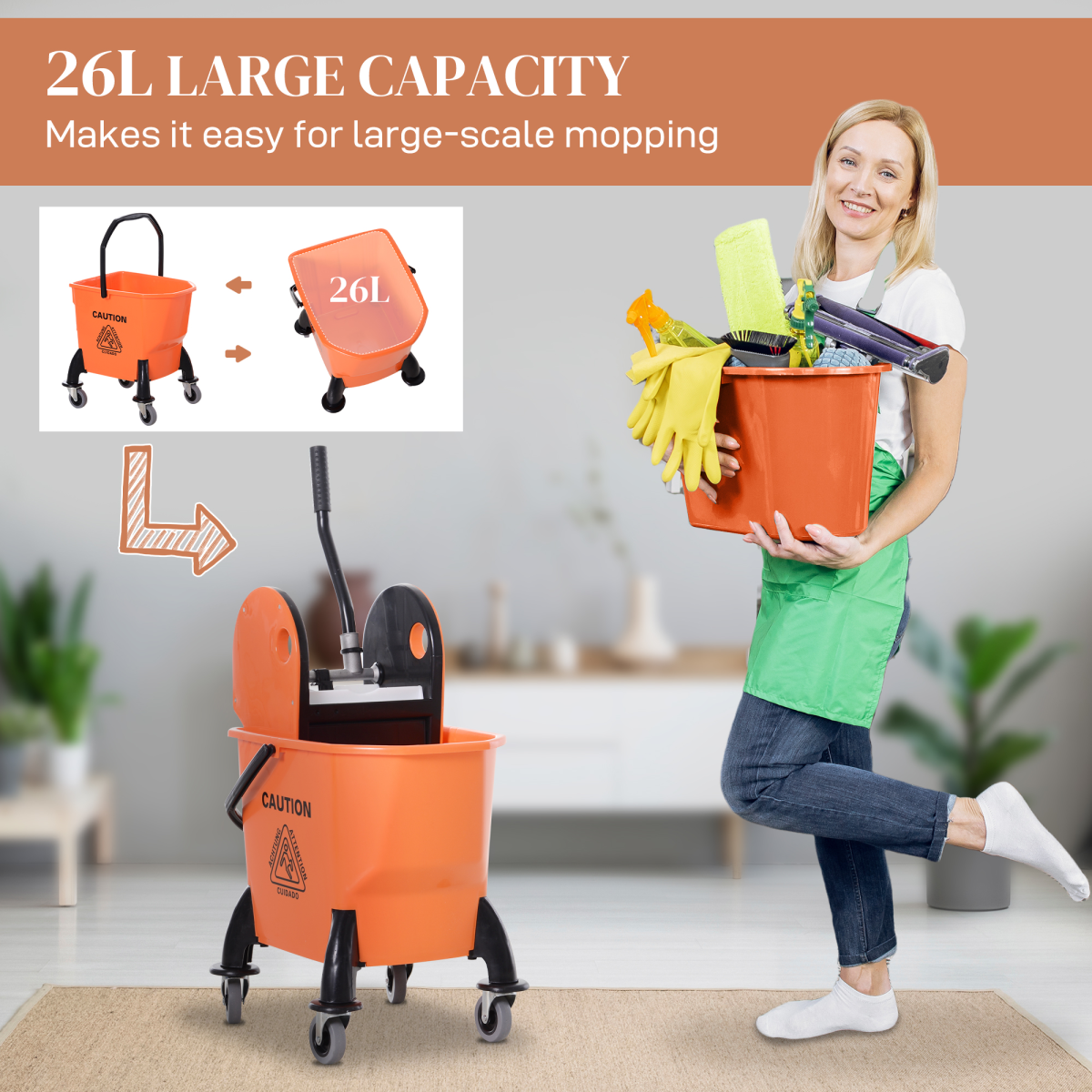 HOMCOM Mop Bucket on Wheels with Carry Handle, Mop Holder and Plastic Body