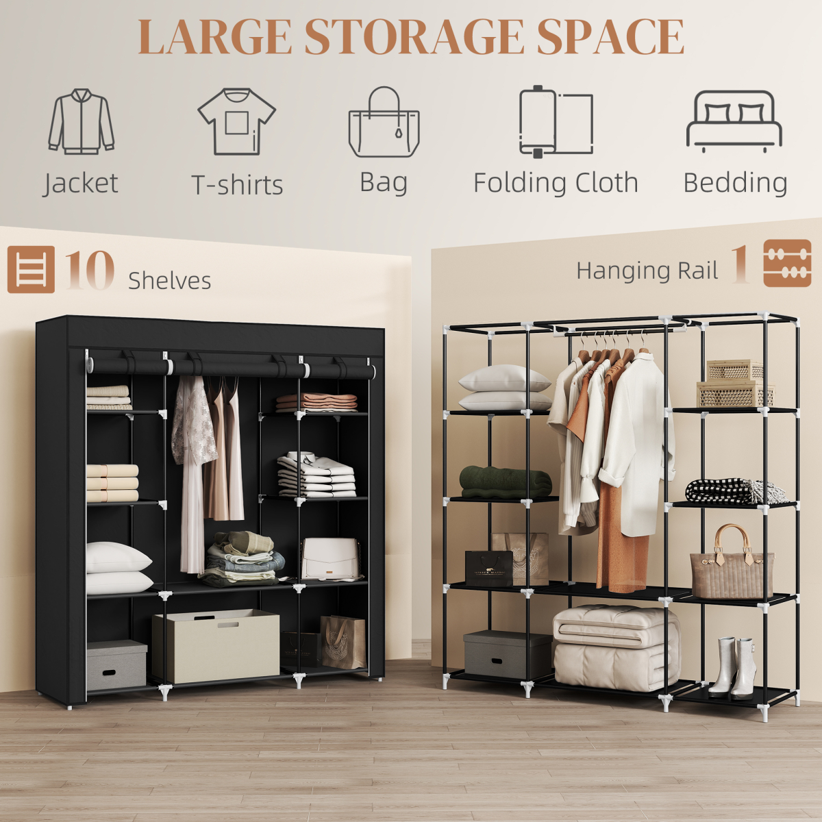 Fabric Wardrobe Portable Wardrobe with 10 Shelves 1 Hanging Rail Black