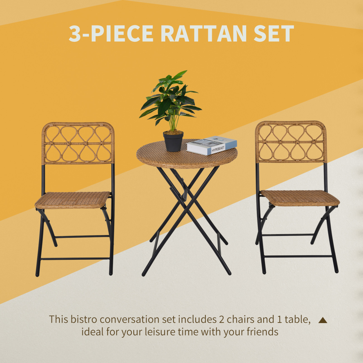 3 PCS Rattan Wicker Set Easy Folding, Hand Woven Rattan Coffee Table & Chairs