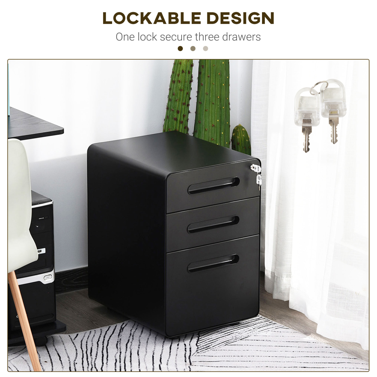 3 Draw Modern Steel Filing Cabinet w/ 4 Wheels Lock Pencil Box Black Vinsetto