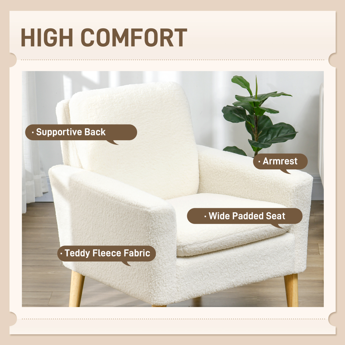 HOMCOM Modern Accent Chair with Wood Legs, Wide Seat, Teddy Armchair, Cream
