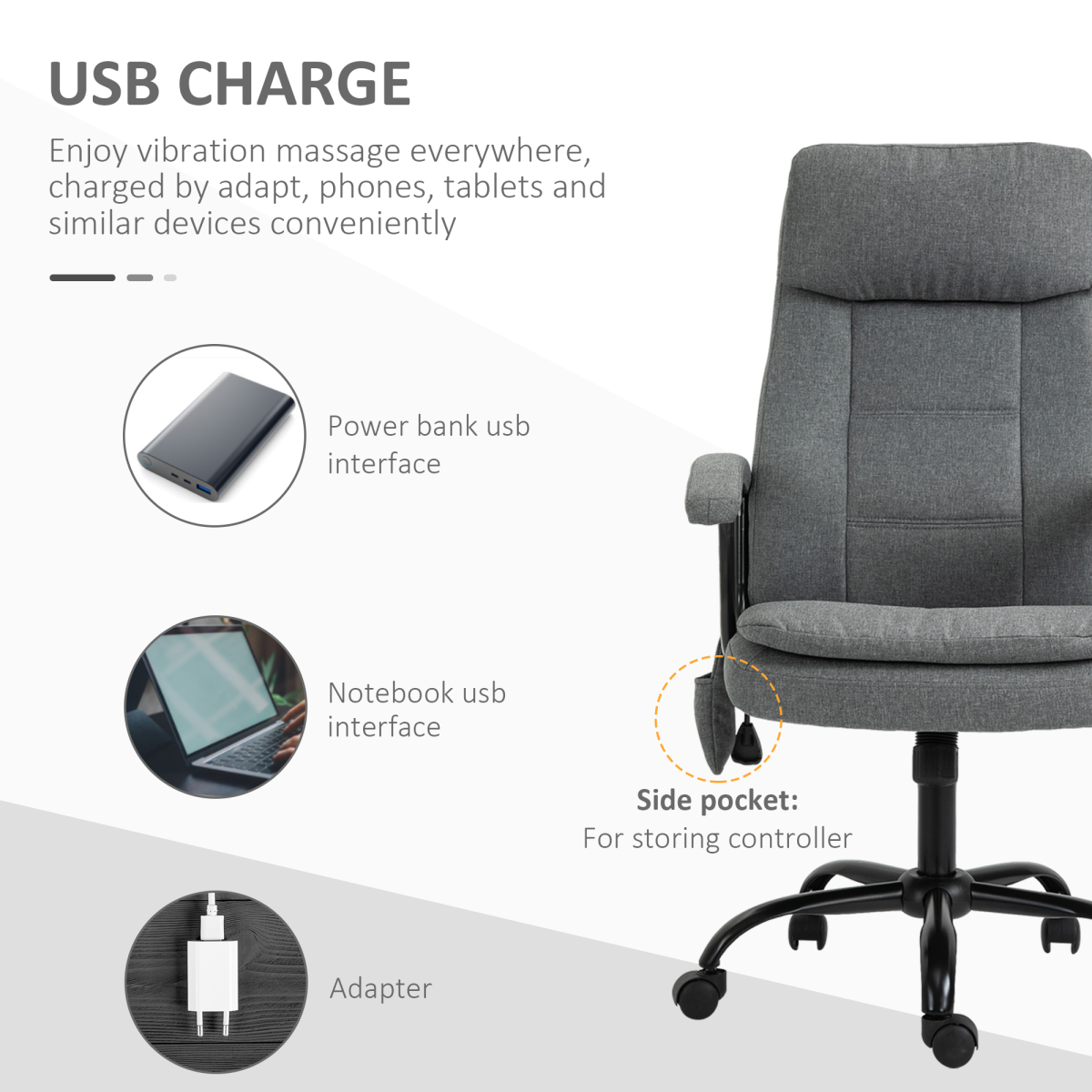 2-Point Massage Office Chair Linen-Look Fabric Adjustable Height Chair Grey