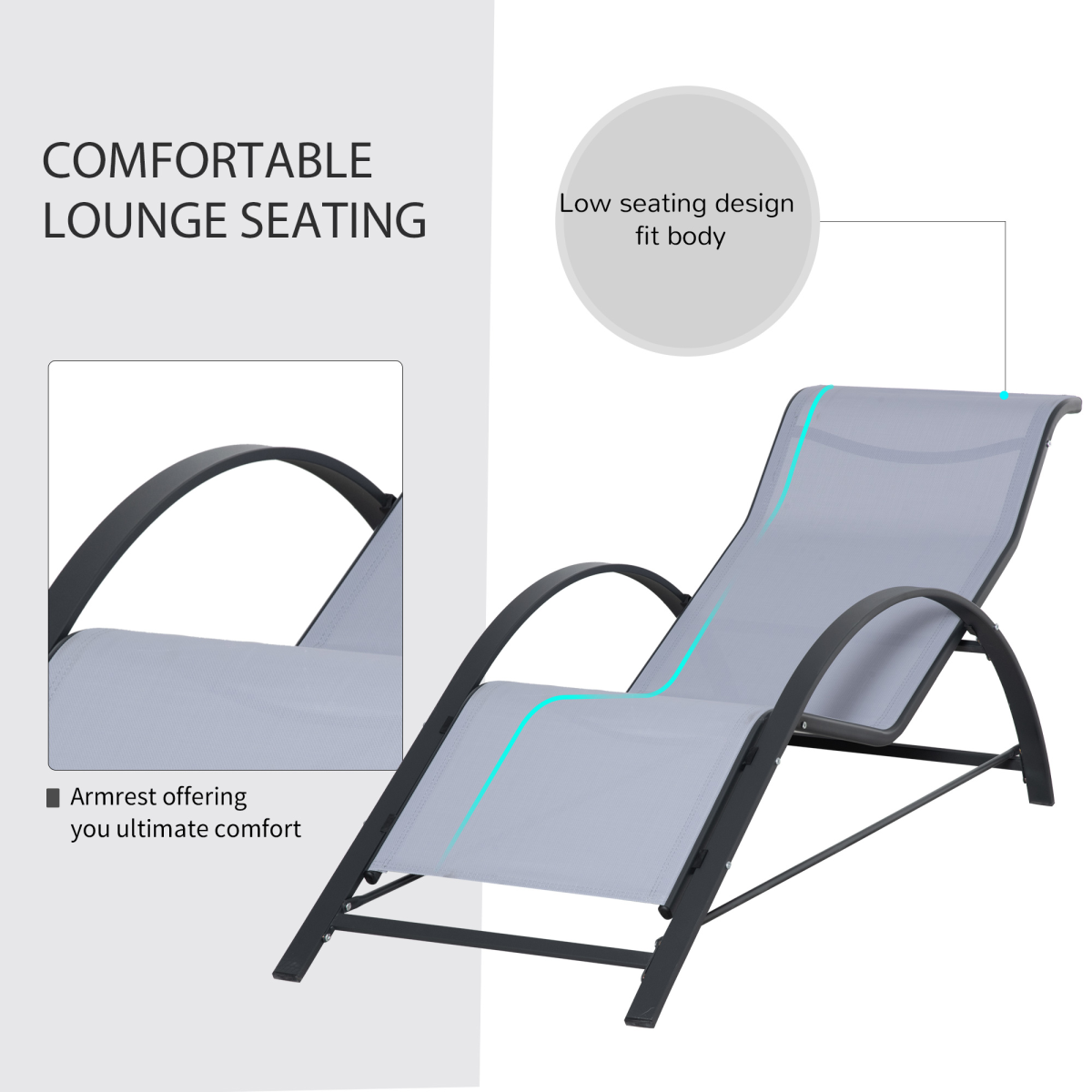3Pc Garden Recliner Sunbathing Chair with Table, Light Grey