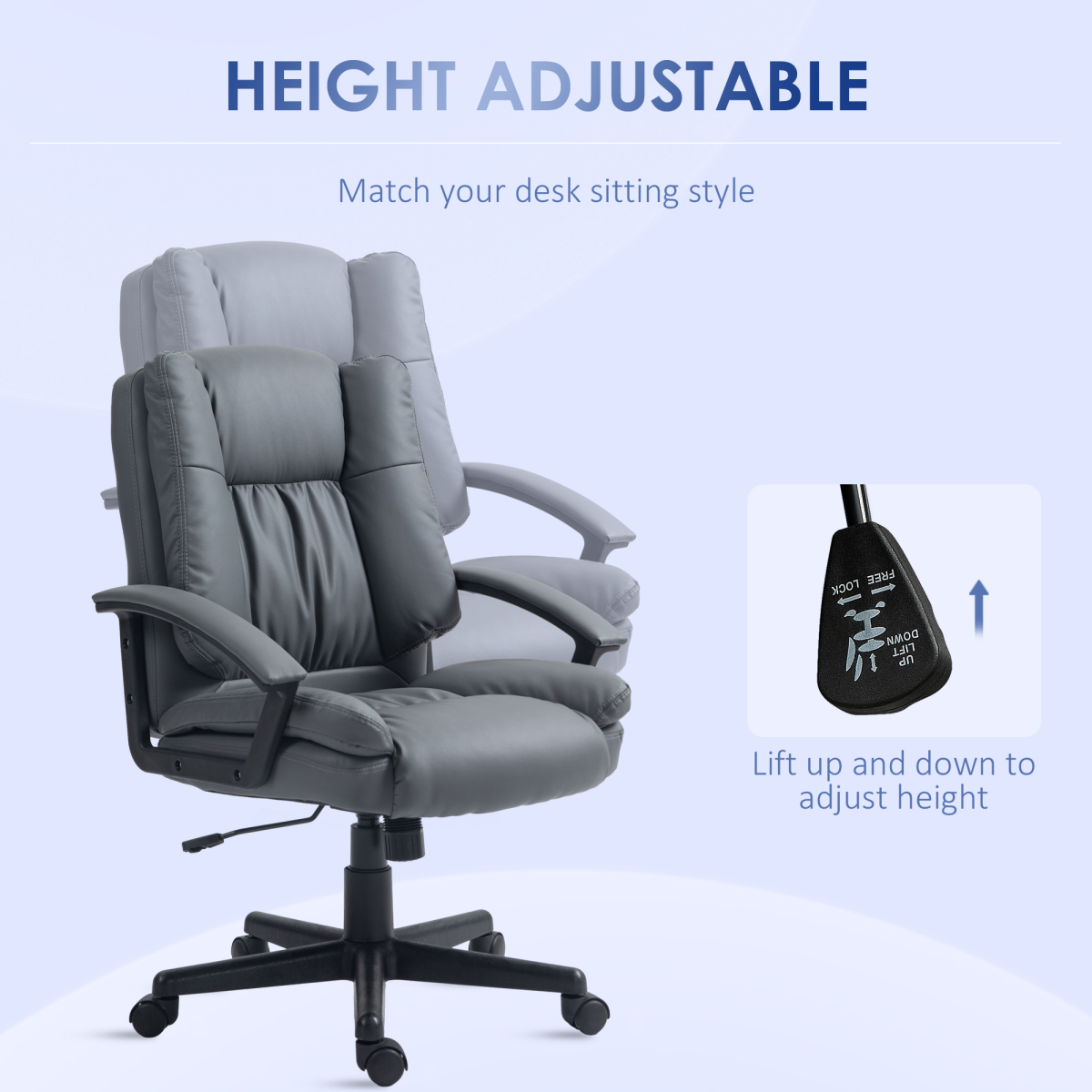 Stylish HOMCOM Dark Grey Faux Leather Mid Back Desk Chair with Adjustable Arms