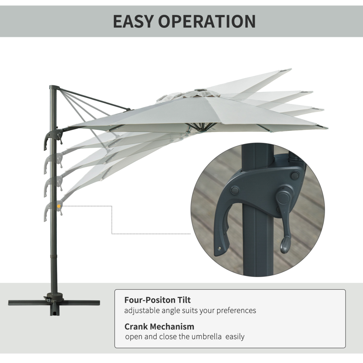 3m Cantilever Roma Parasol Patio Sun Umbrella with LED Solar Light, Grey
