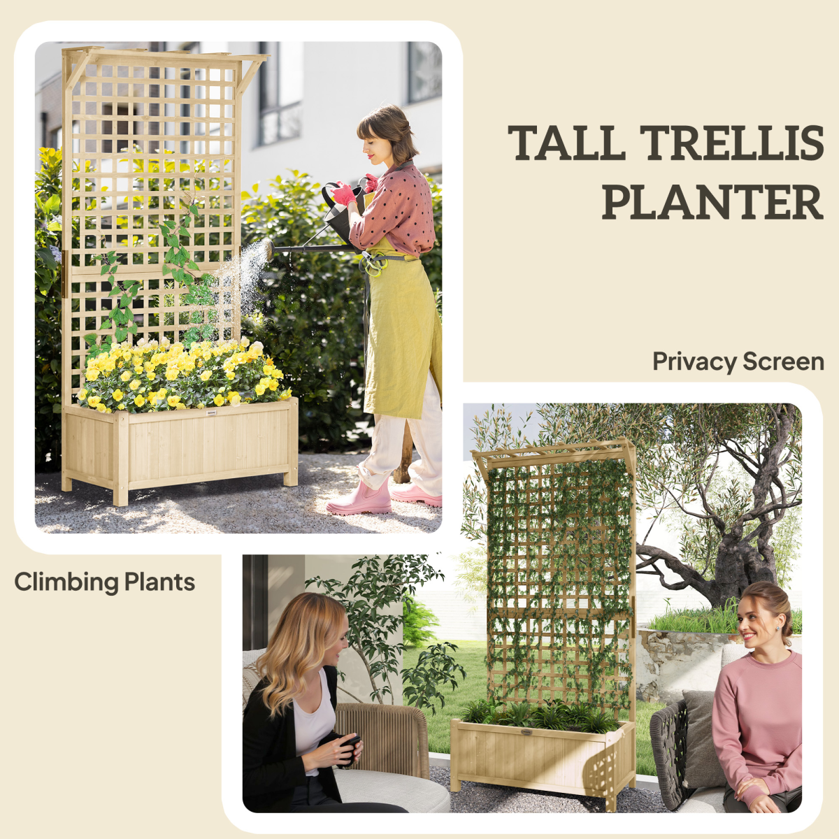 Outsunny Wood Planter with Trellis for Climbing Plants Vines Planter Box Natural