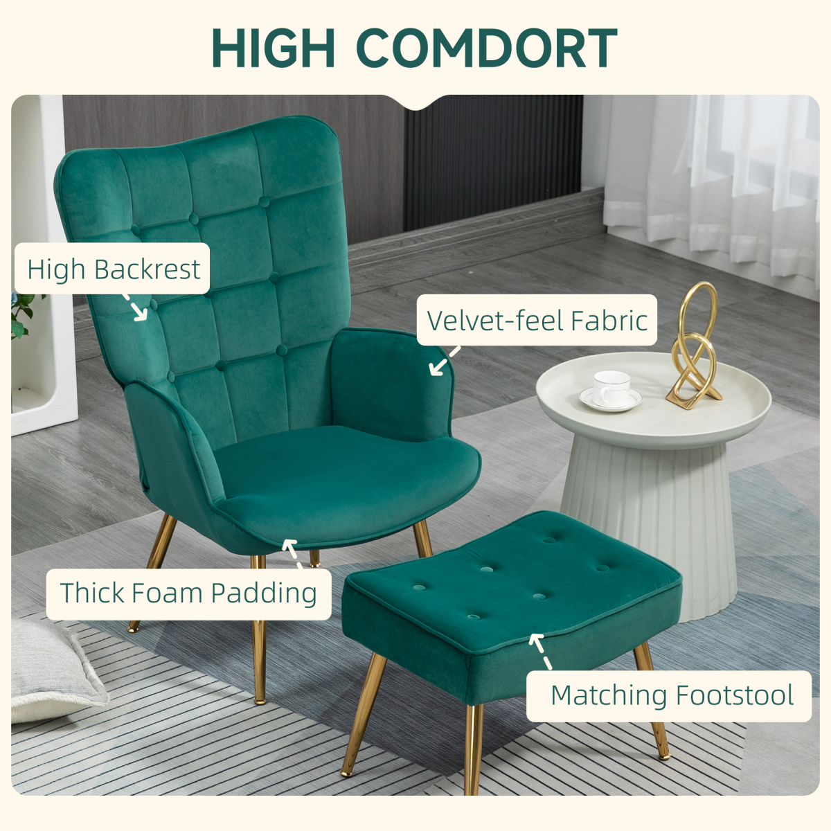 HOMCOM Button Tufted Armchair with Footstool and Gold Tone Steel Legs Dark Green