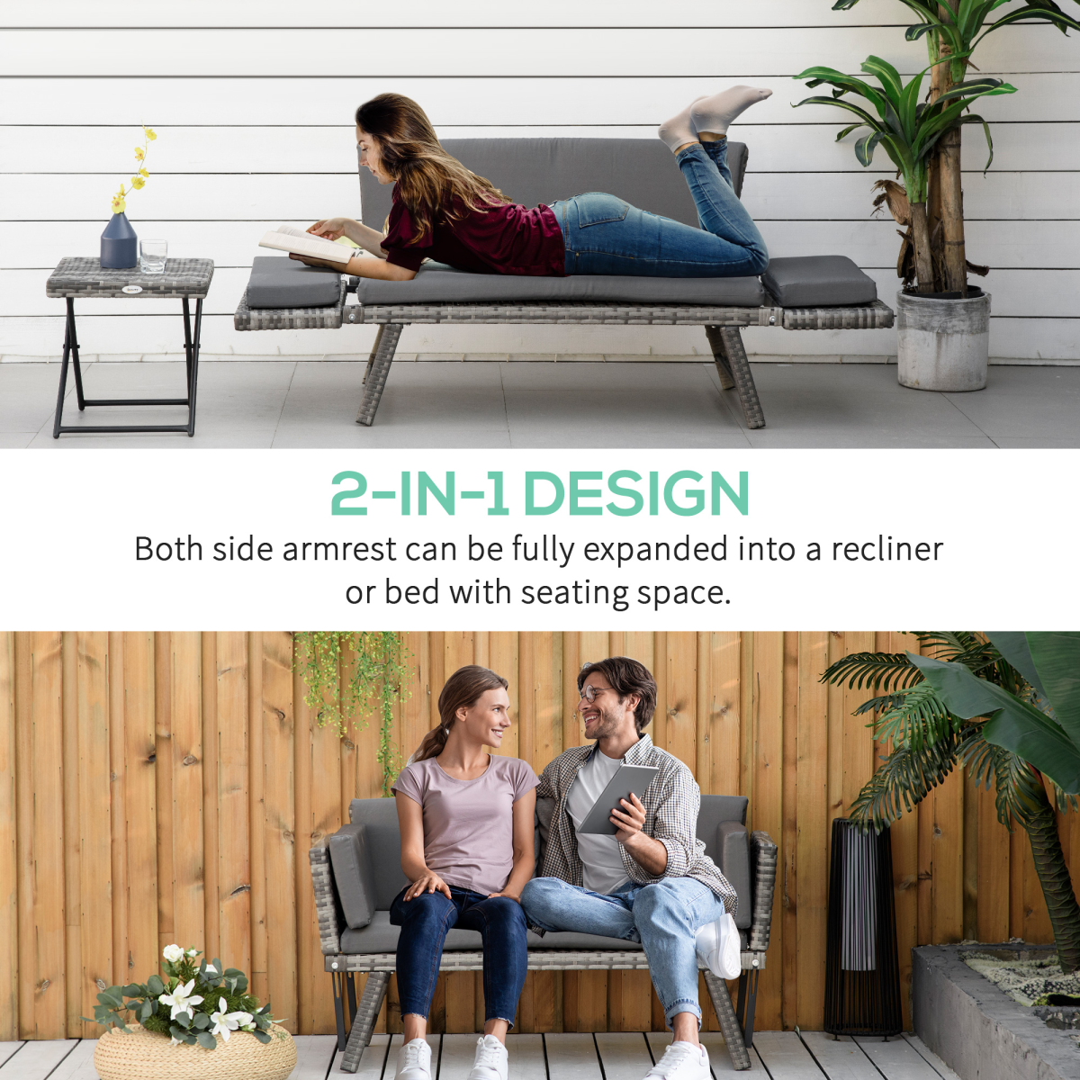 2 in 1 Rattan Folding Daybed Sofa Grey w/Cushion