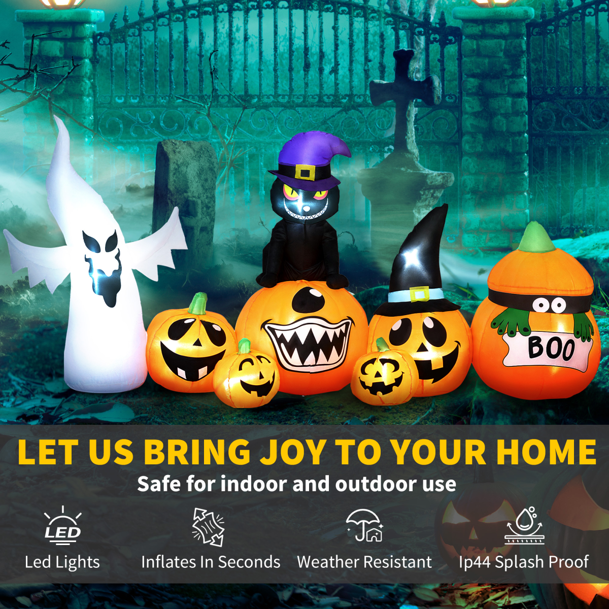 Outsunny 8 FT Blow Up Halloween Inflatables Pumpkin Ghost and Cat Combo