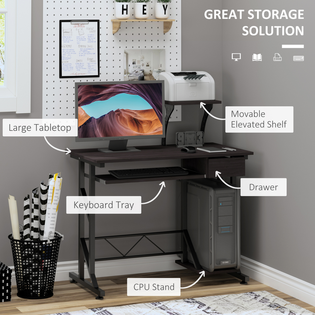 Compact Modern Home Office Desk with Sliding Tray & Movable Shelf - Dark Brown