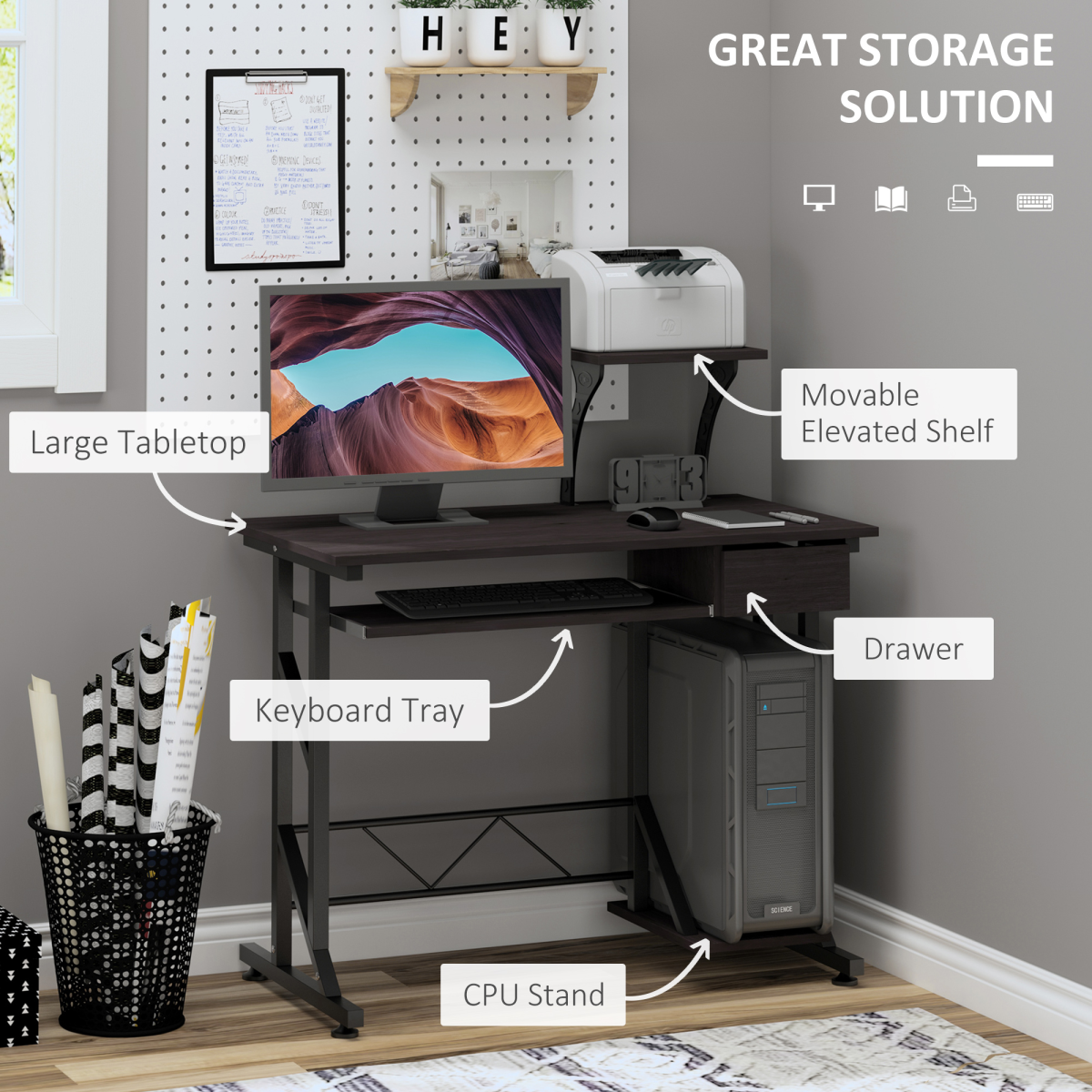 Compact Modern Home Office Desk with Sliding Tray & Movable Shelf - Dark Brown