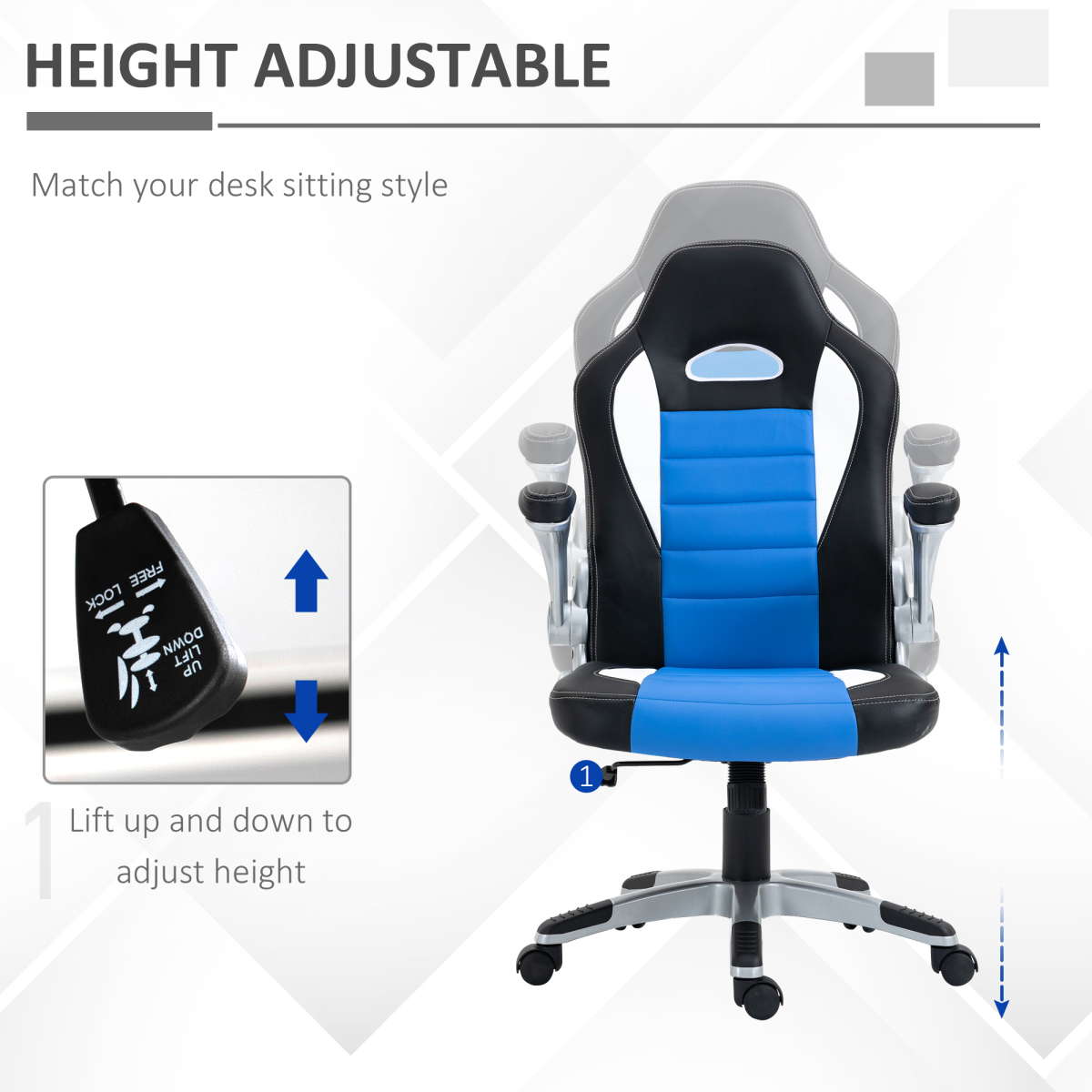 Adjustable Blue Racing Gaming Chair with Swivel Seat & Flip-Up Armrests