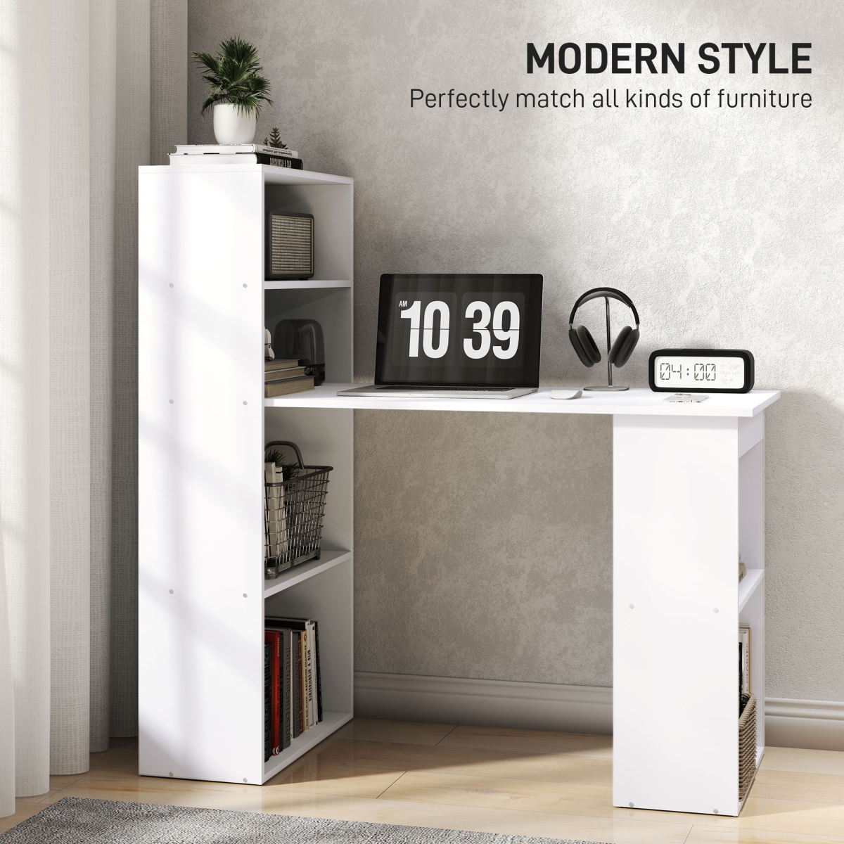 Modern White Computer Desk & Bookshelf Combo – Sleek Workstation Solution