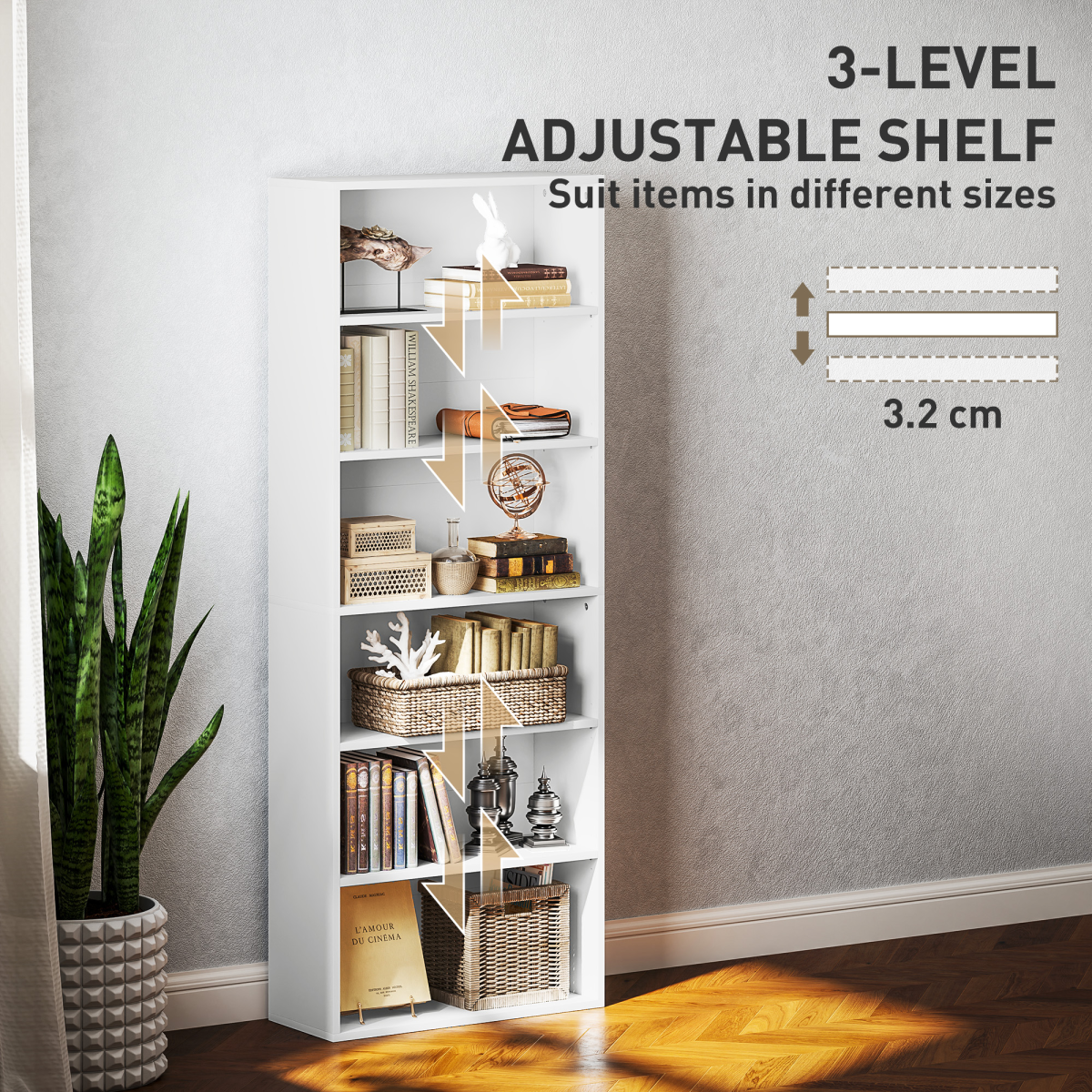 6-Tier Bookshelf, Freestanding Bookcase with Adjustable Shelves, White