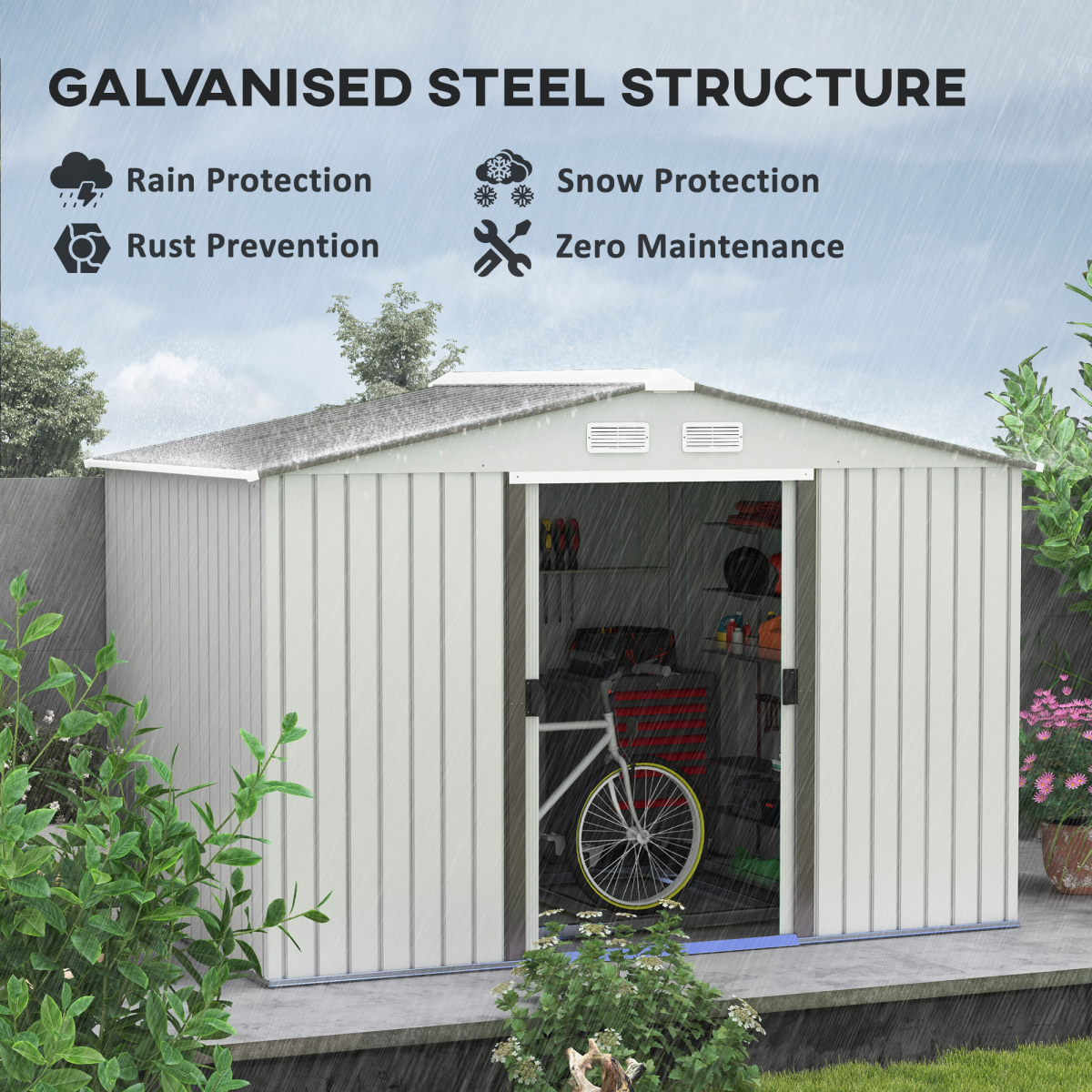 Garden Shed Storage Large Yard Store Sliding Door Metal Roof Tool Box Silver