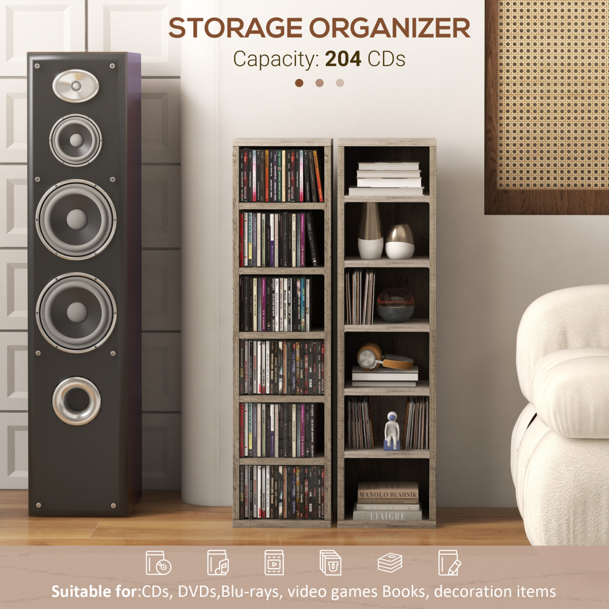 HOMCOM Adjustable CD Media Display Shelves - Set of 2, Mocha Wood