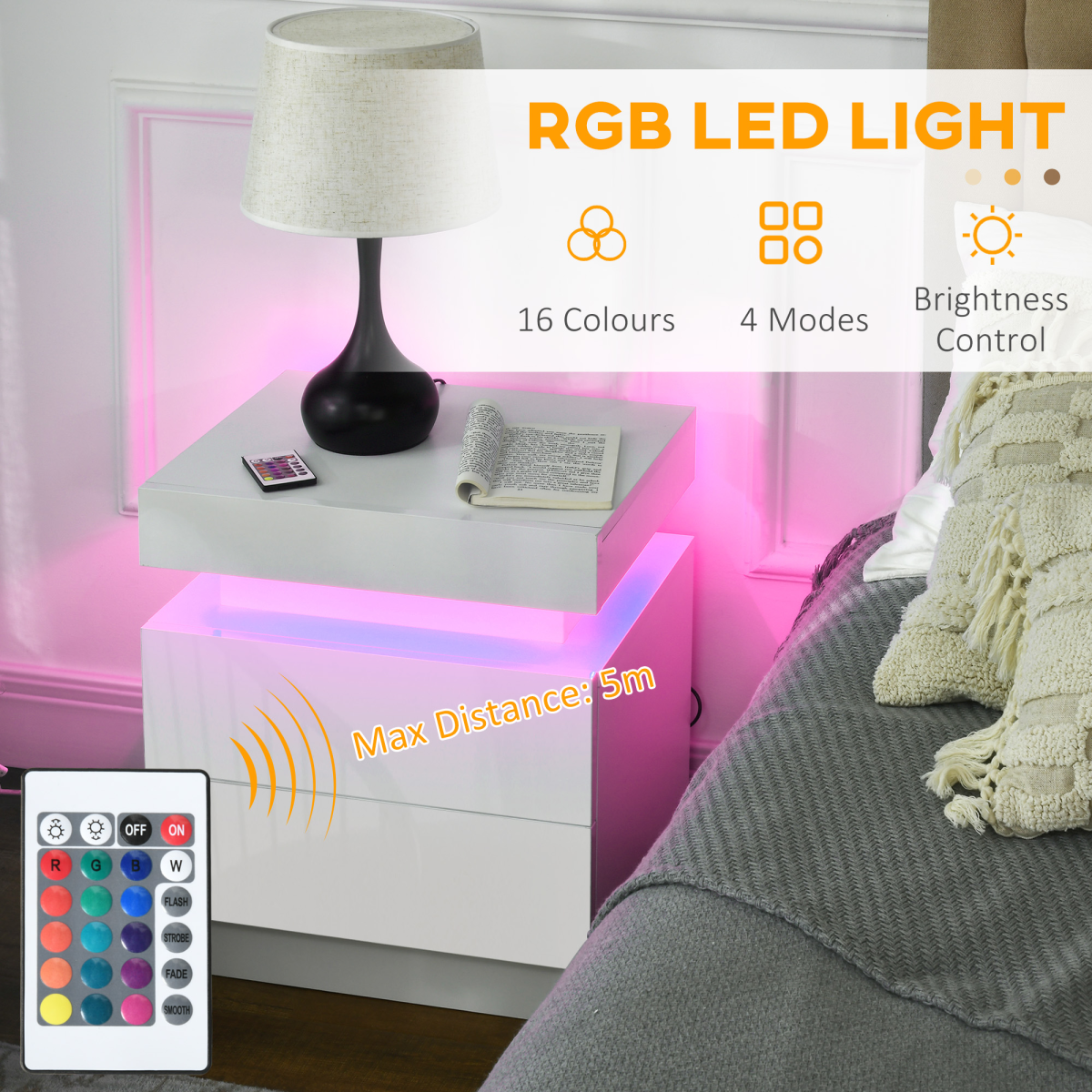HOMCOM White Bedside Table, High Gloss Front Nightstand w/ LED Light, 2 Drawers