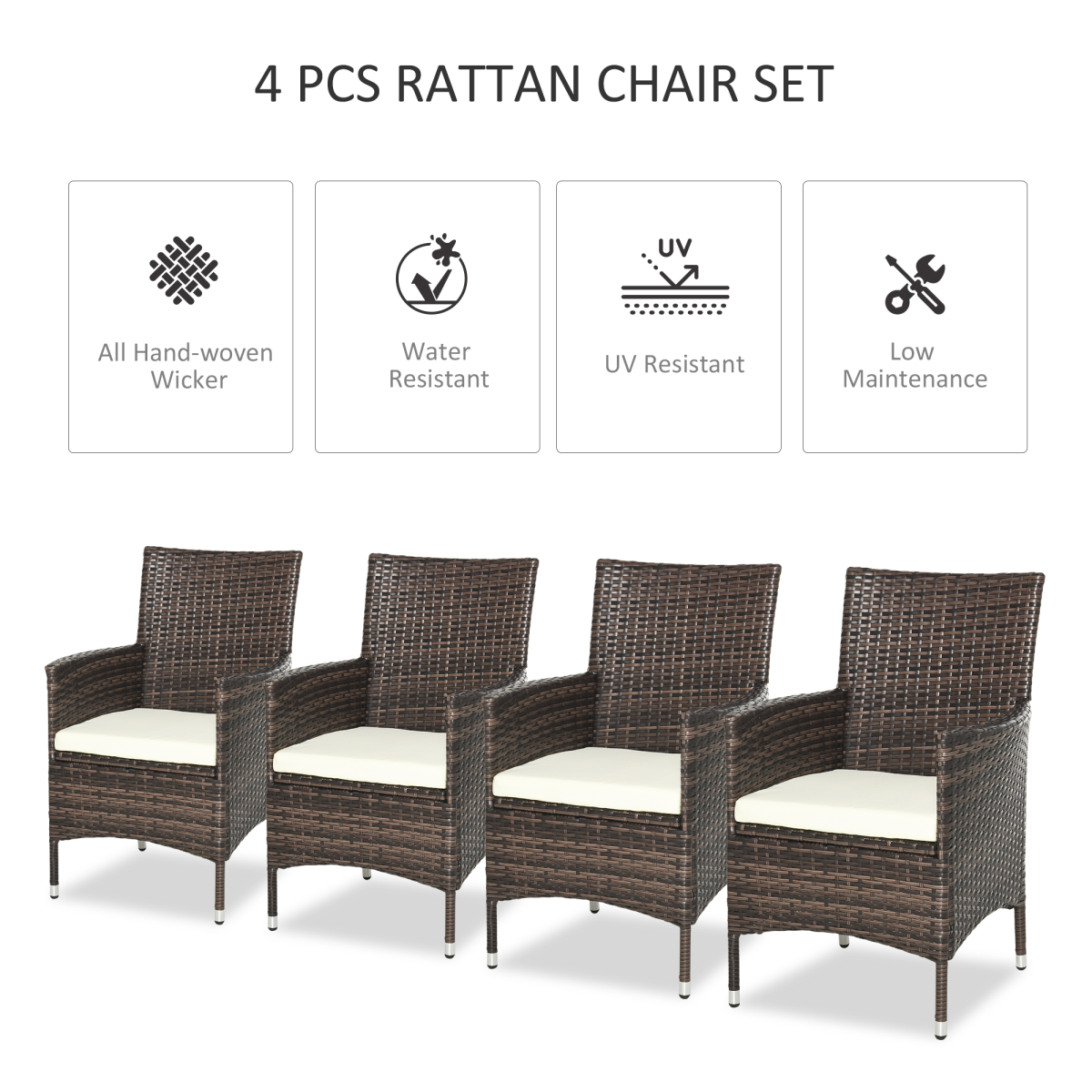 Outsunny 4 PC Outdoor Rattan Armchair Wicker Dining Chair Set for Garden Coffee