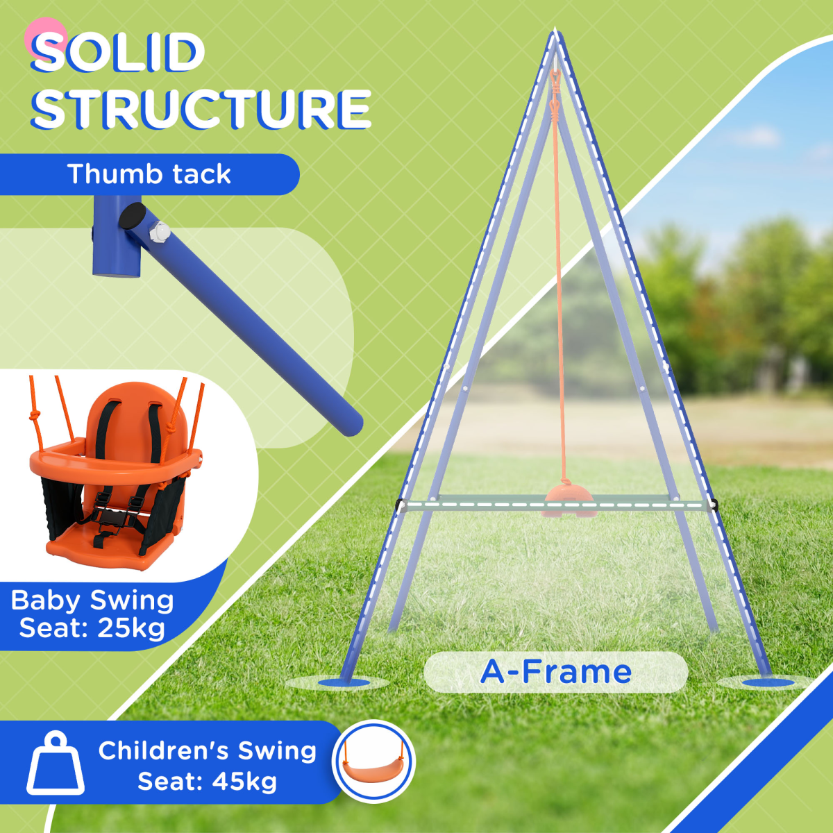 Outsunny Garden Swing Set for Toddlers, Kids with Seats, Safety Belt, Orange