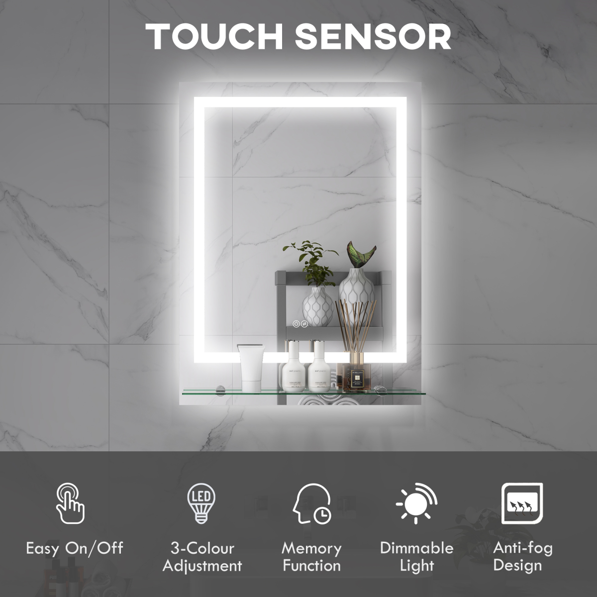 kleankin Dimmable Bathroom Mirror with LED Lights, 3 Colours, Defogging Film