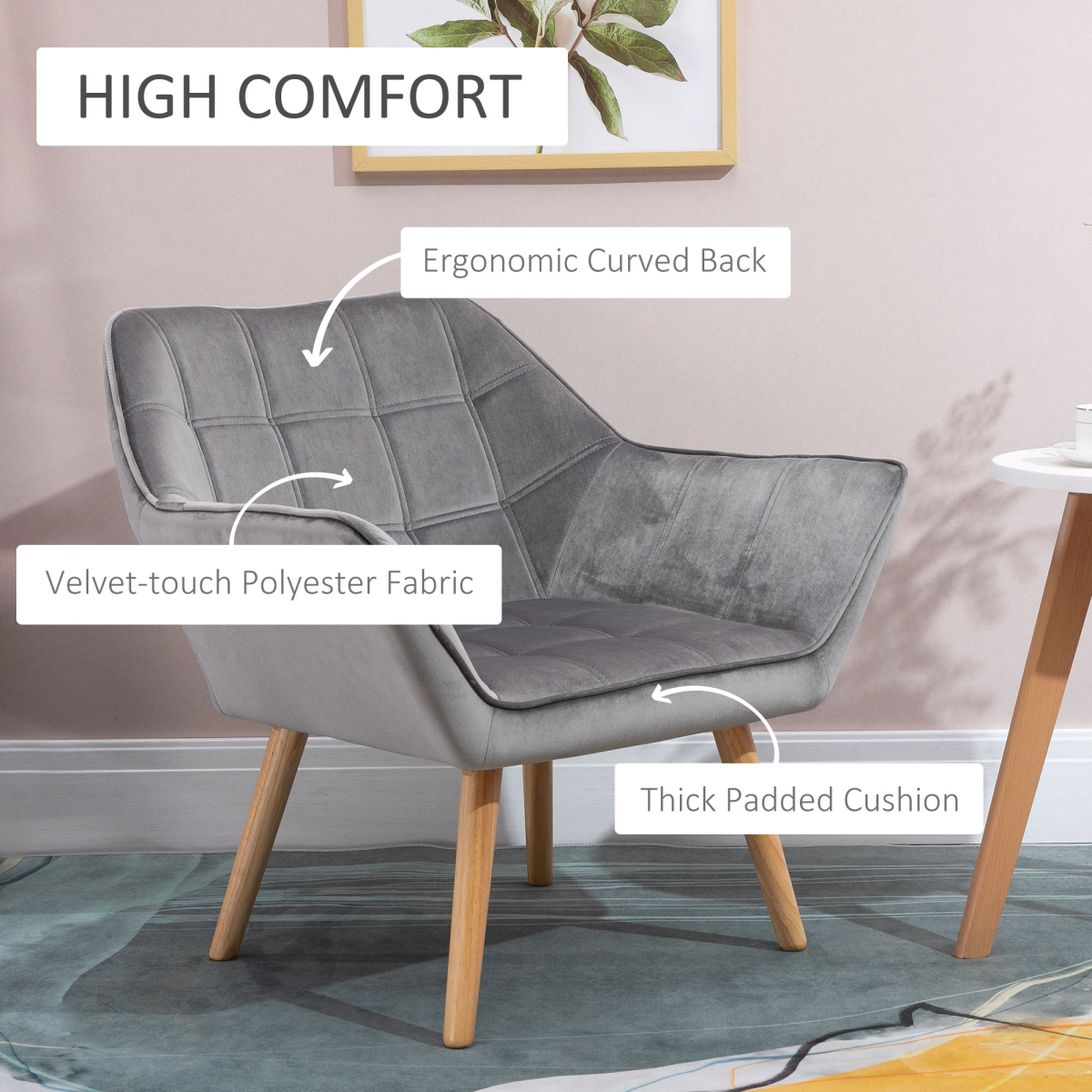 Luxe Velvet-Feel Accent Chair w/ Wide Arms Slanted Back Padding Wood Legs Grey