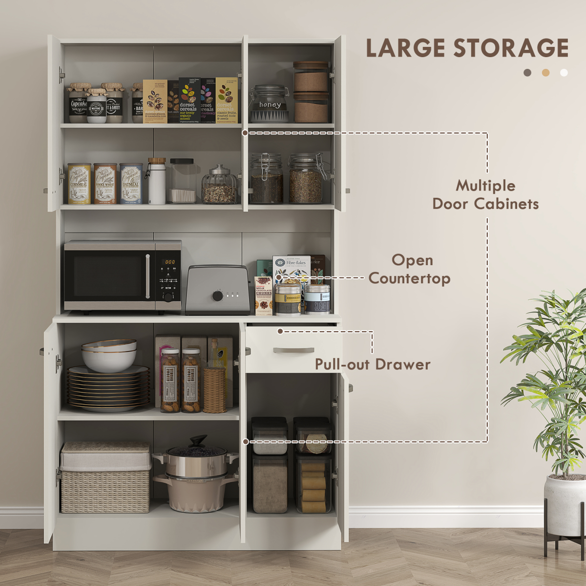 HOMCOM Freestanding Kitchen Cupboard, Storage Cabinet with Doors Cream White