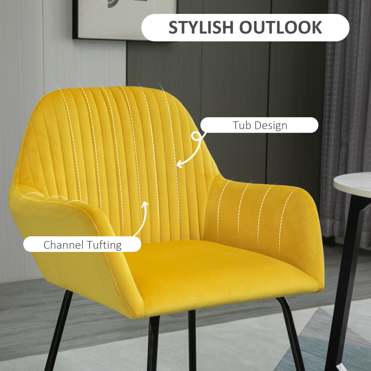 Chic Velvet Accent Chair with Metal Base - Stylish Yellow Lounge Armchair