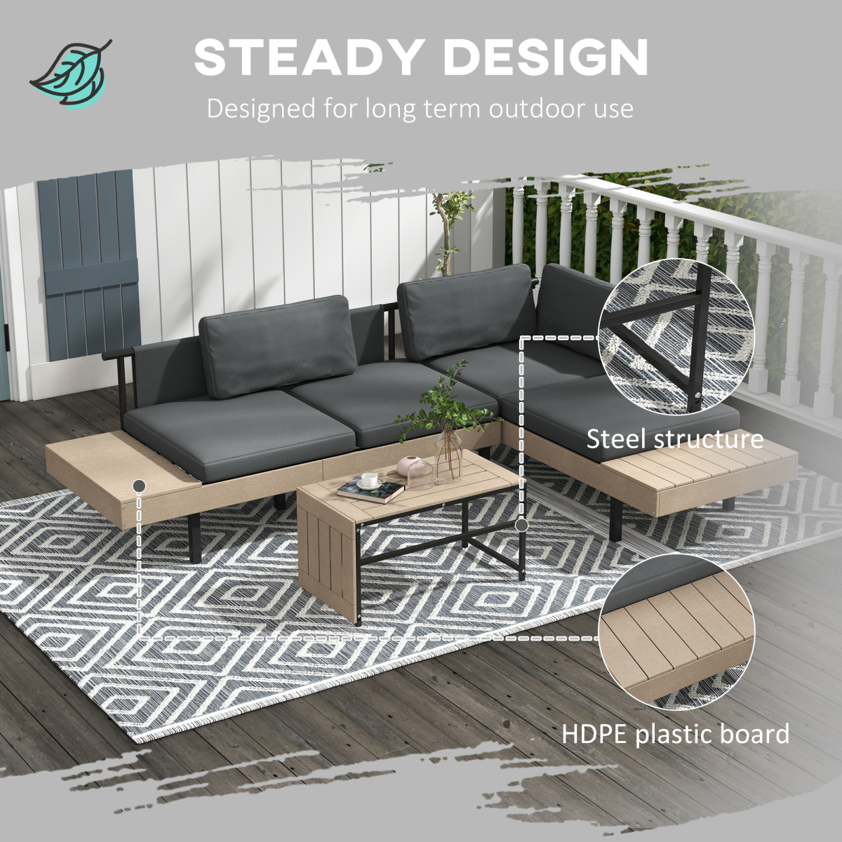 Outsunny HDPE Garden Furniture Sets with Cushions, Table, L-Shaped Sofa, Grey