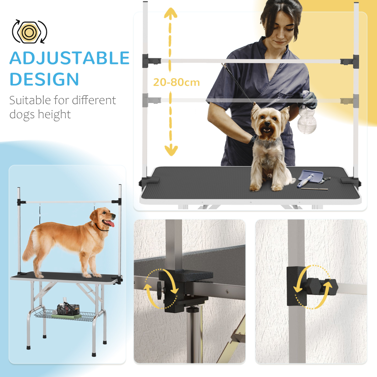 Dog Grooming Table Metal Adjustable Rubber Top 2 Safety Slings Mesh Black