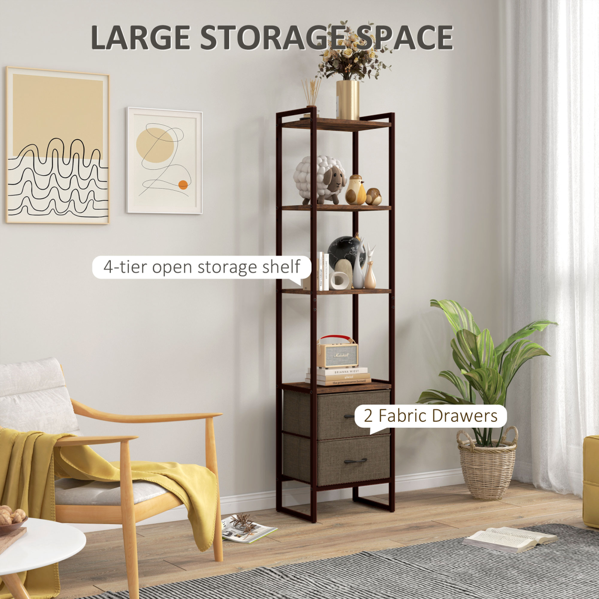 HOMCOM 4-Tier Bookshelf Bookcase with 2 Fabric Drawers for Bedroom Study