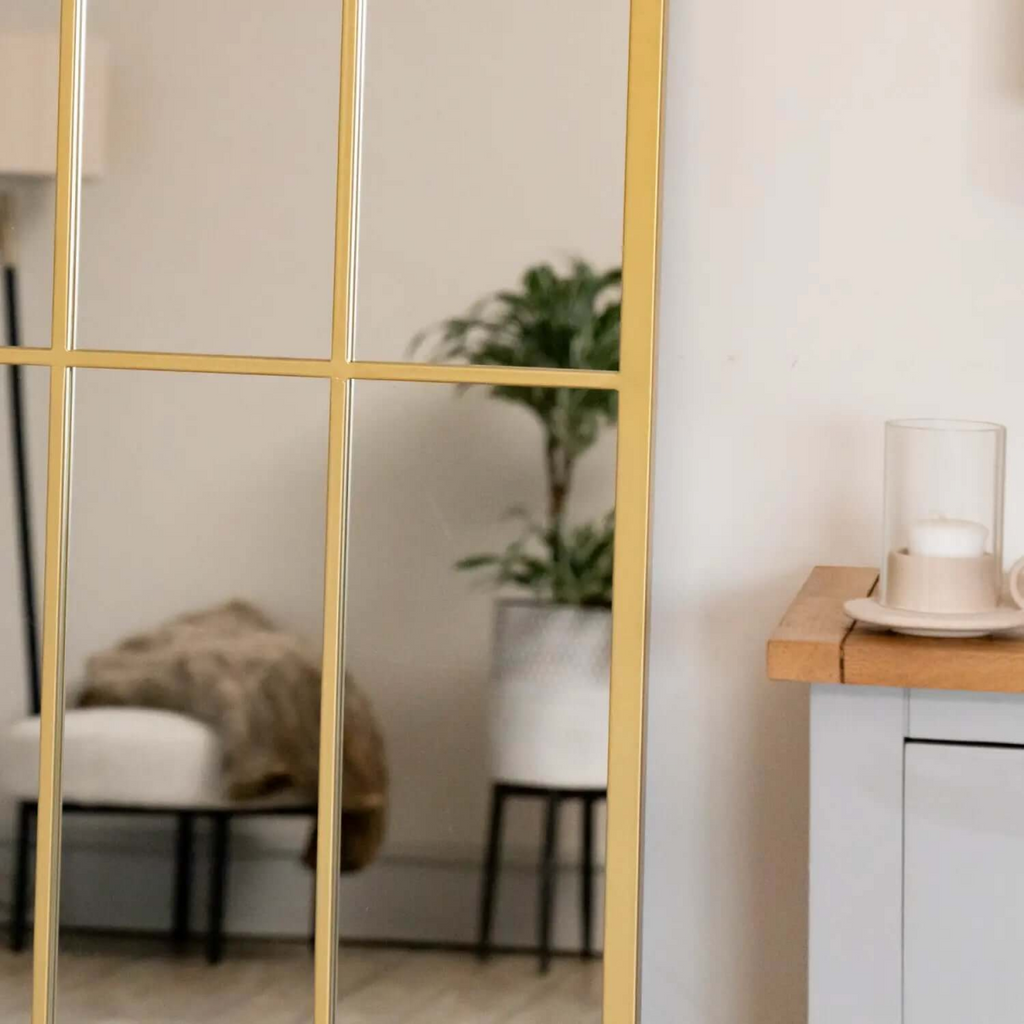Tomi Gold Metal Arched Lattice Window Mirror - 180cm x 90cm Elegance