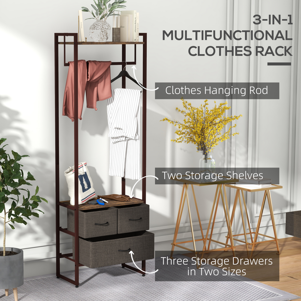 HOMCOM Clothes Hanging Rail with 3 Fabric Drawers Storage Shelves for Hallway