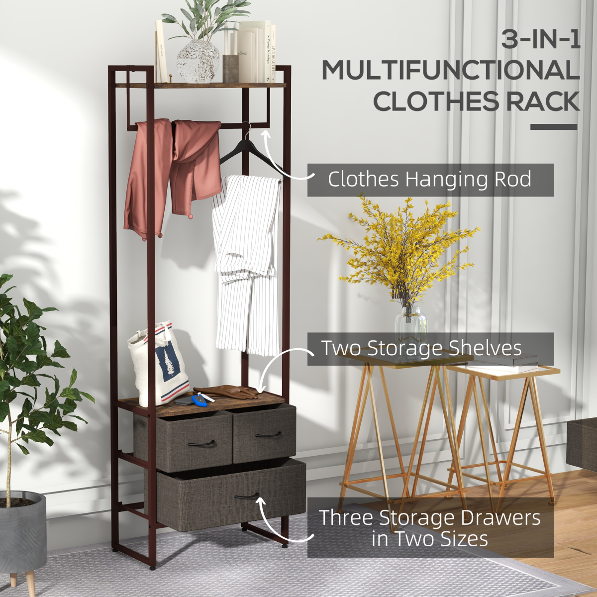 HOMCOM Clothes Hanging Rail with 3 Fabric Drawers Storage Shelves for Hallway