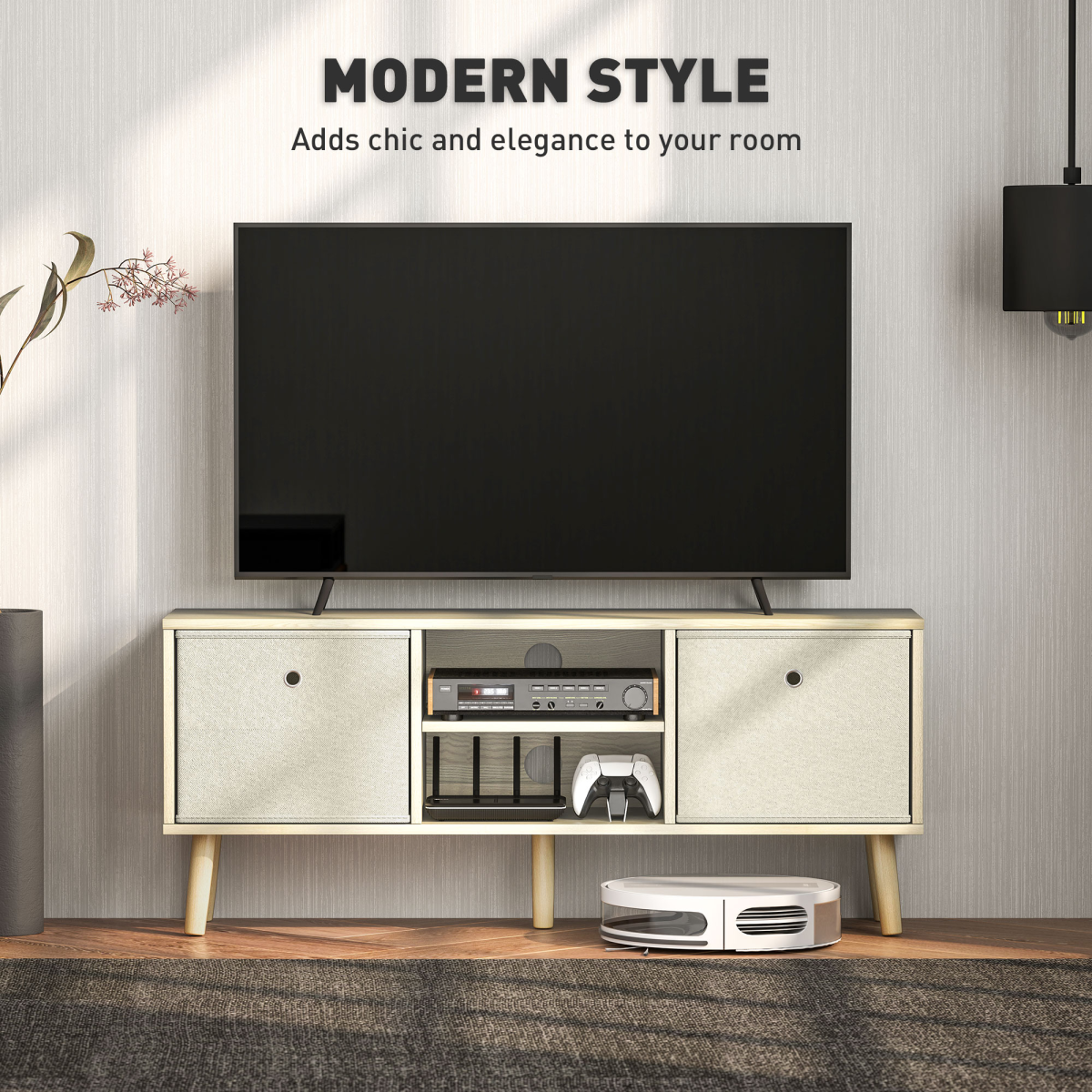 HOMCOM Modern TV Cabinet Stand w/ Shelves & Drawers, Bedroom Natural