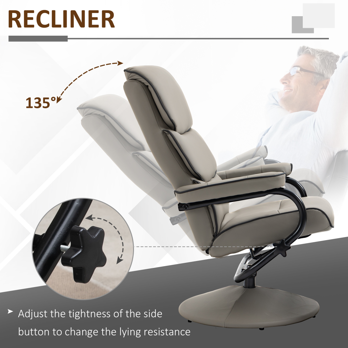 Faux Leather Recliner Chair w/ Ottoman, 135� Adjustable Backrest & Thick Padding