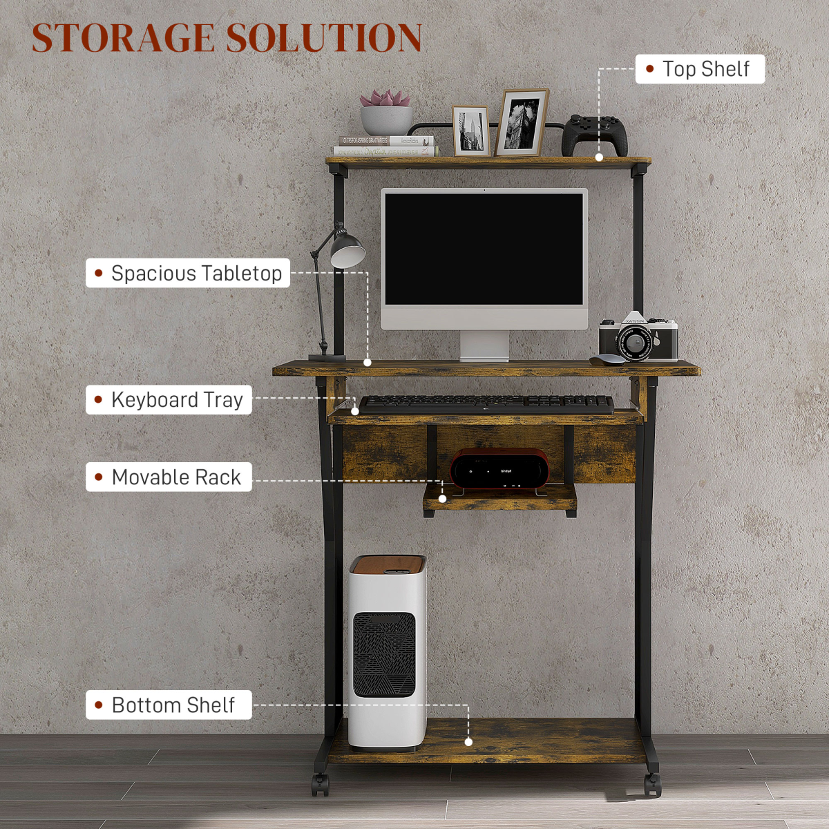 HOMCOM Rustic Brown Rolling Computer Desk with Keyboard Tray & Storage