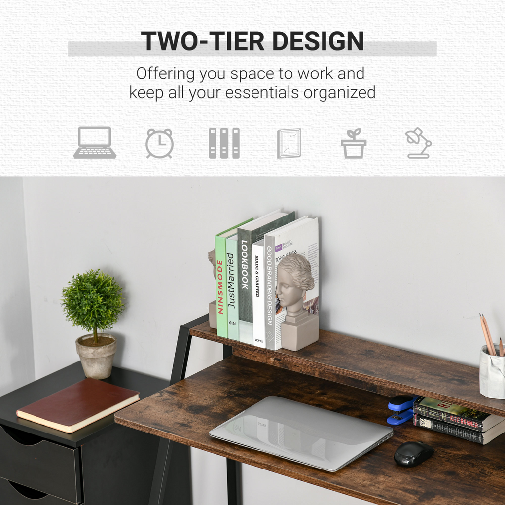 Rustic Brown Writing Desk - Minimalist Computer Workstation with Storage Shelf