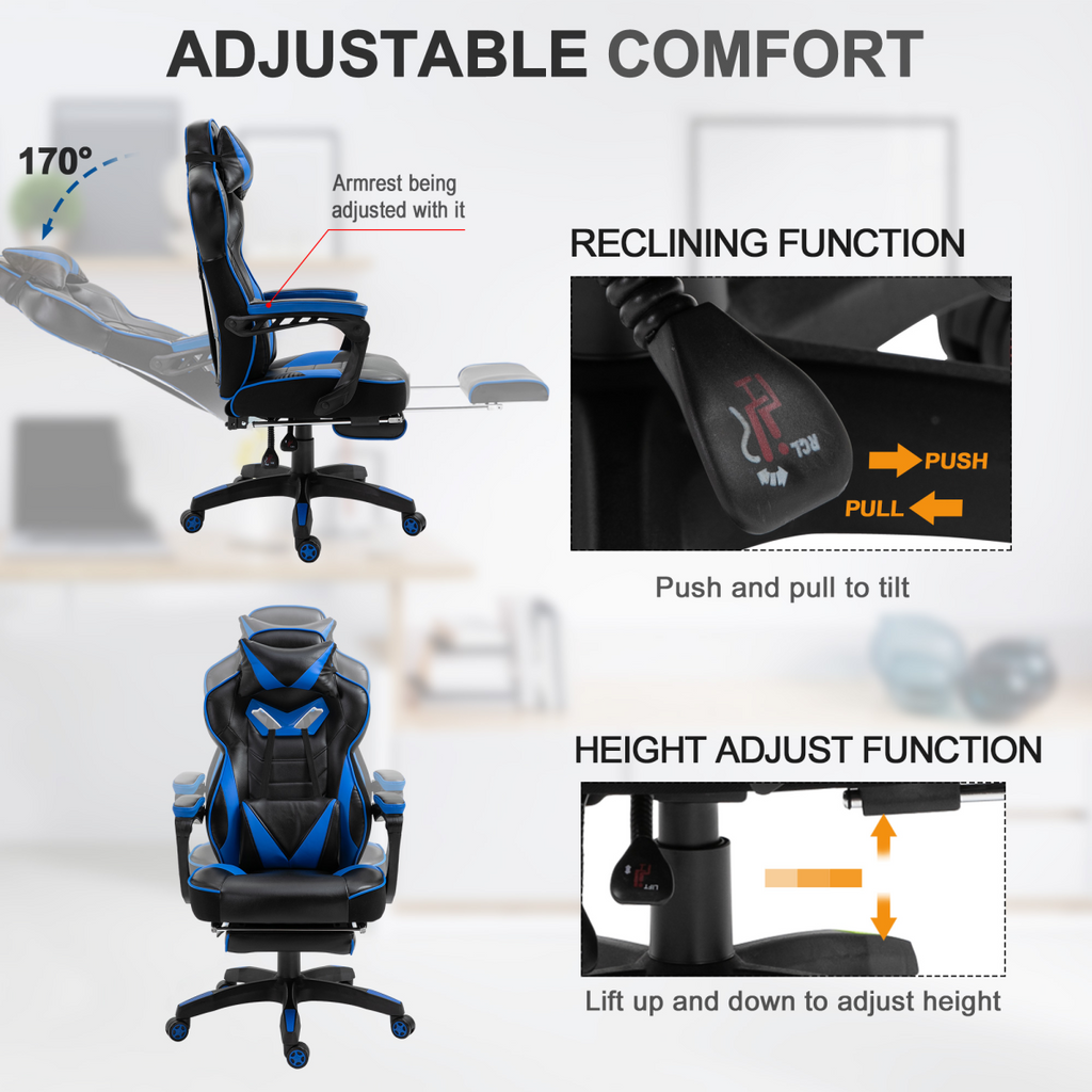 Gaming Chair Ergonomic Reclining w/ Manual Footrest Wheels Stylish Office Blue