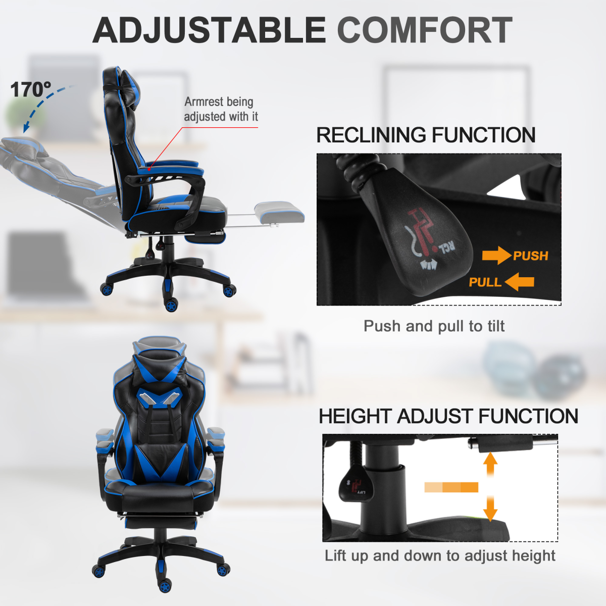 Gaming Chair Ergonomic Reclining w/ Manual Footrest Wheels Stylish Office Blue
