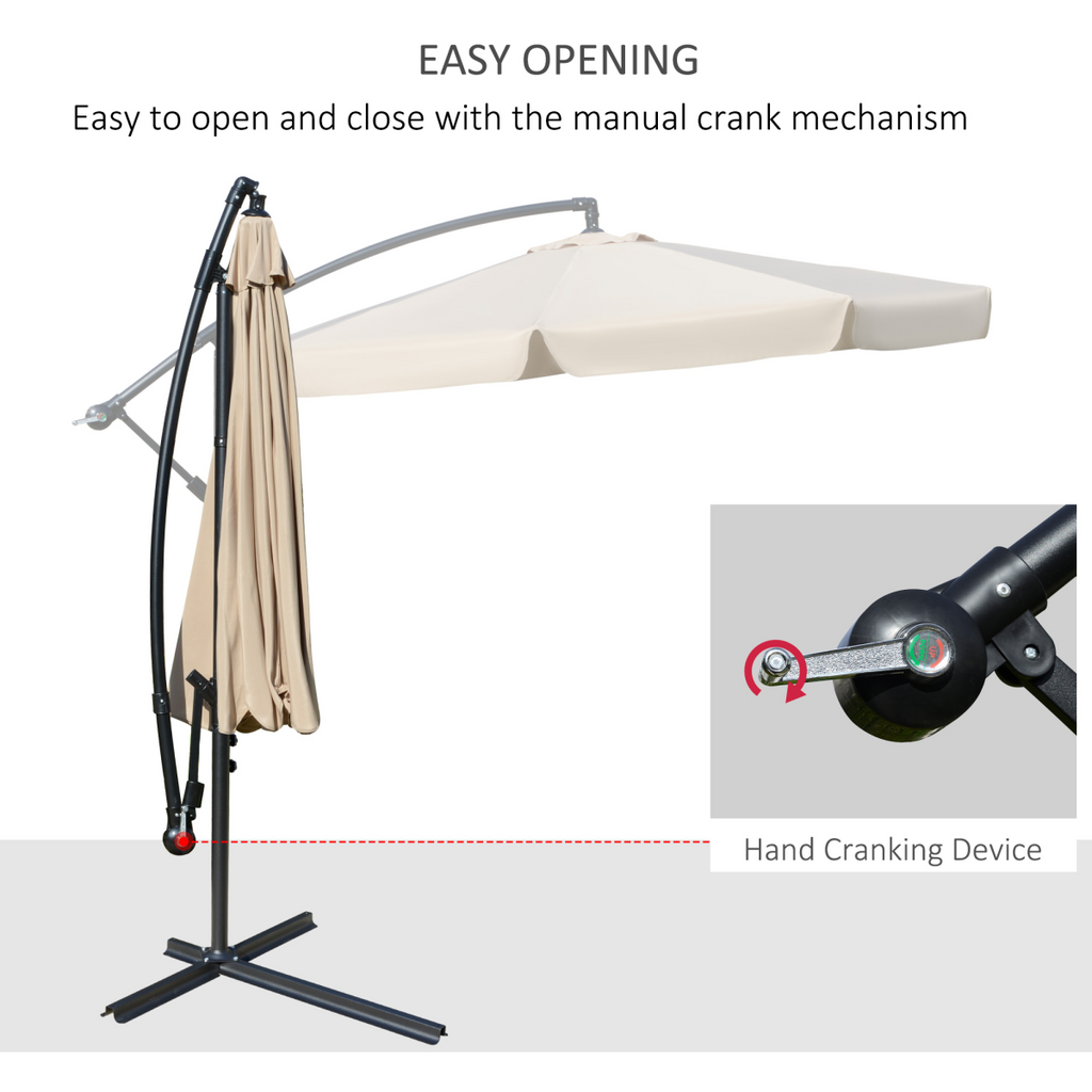 Outsunny 2.7m Garden Cantilever Banana Parasol Sun Shade w/ Crank, Light Brown