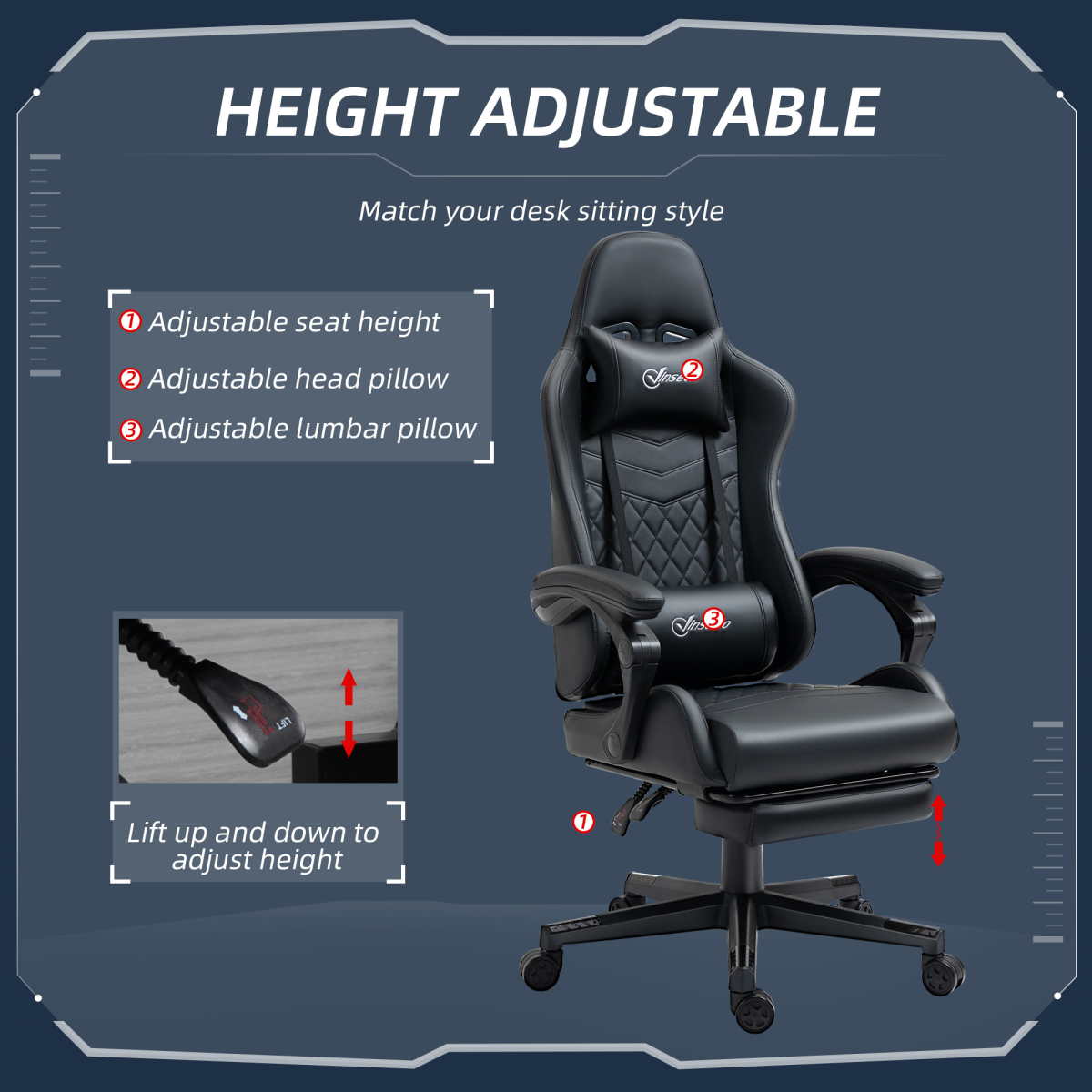 Racing Gaming Chair PU Leather Gamer Recliner Home Office, Black