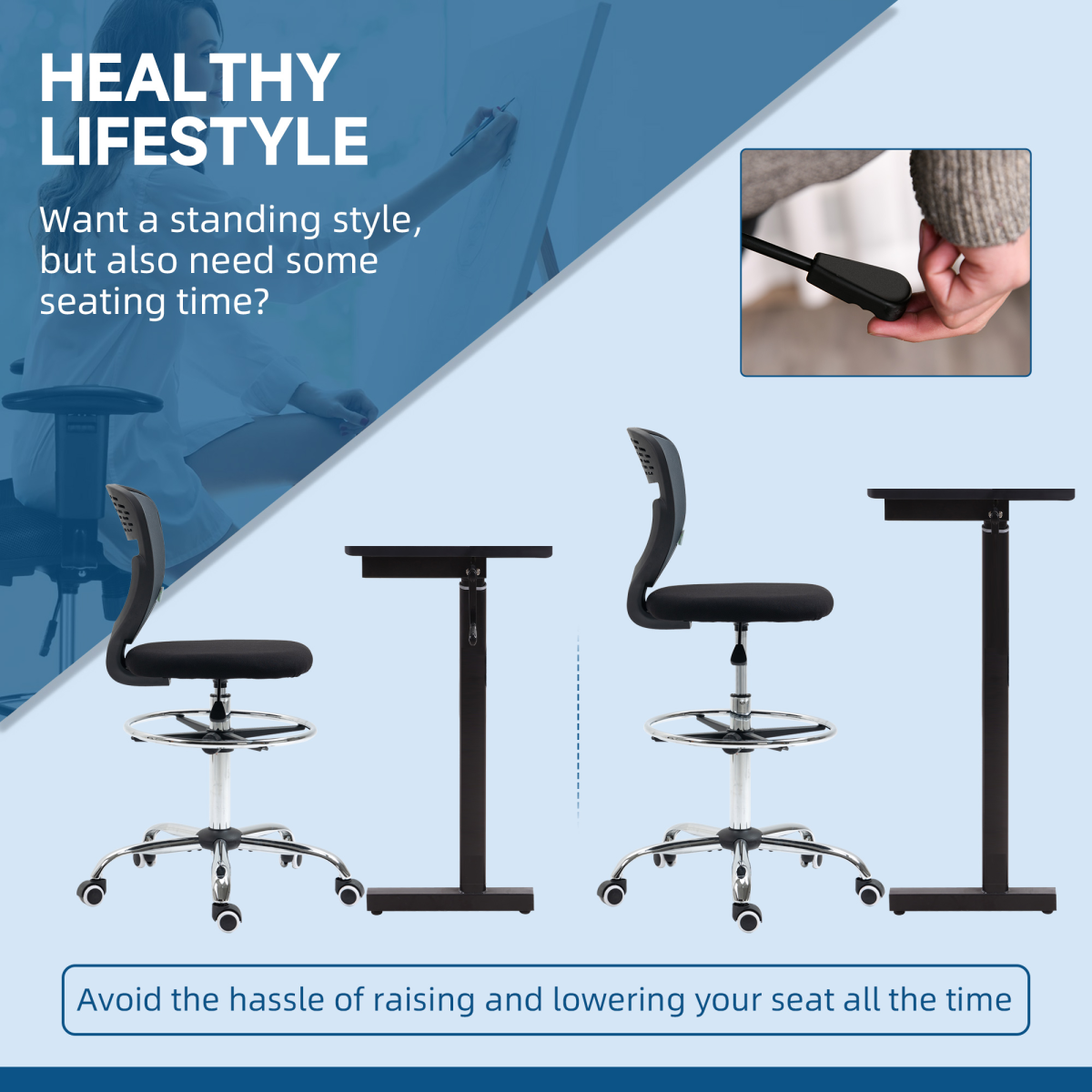 Vinsetto Adjustable Draughtsman Chair - Comfort & Support for Tall Offices