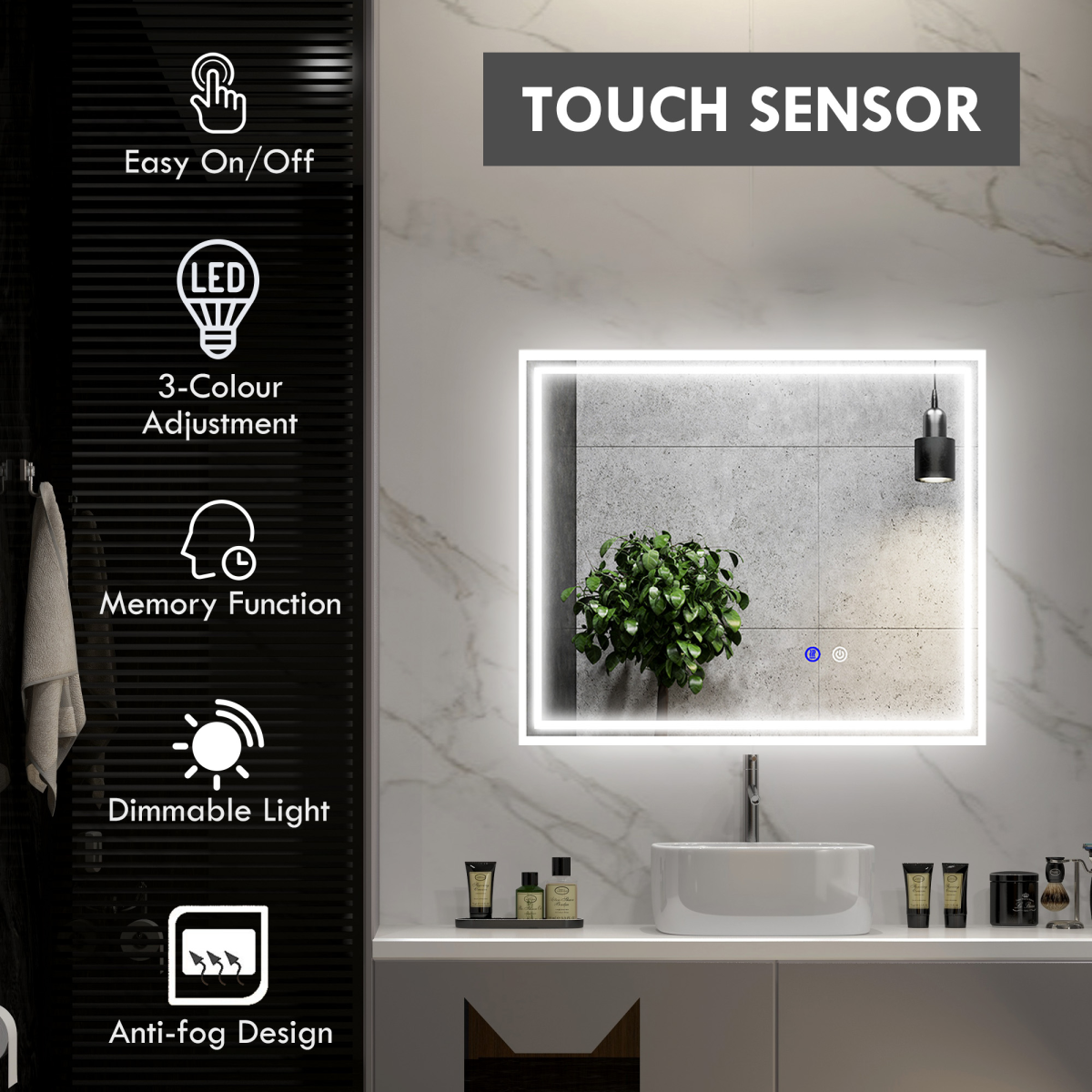 kleankin Dimmable Bathroom Mirror with LED Lights, 3 Colours, Defogging Film