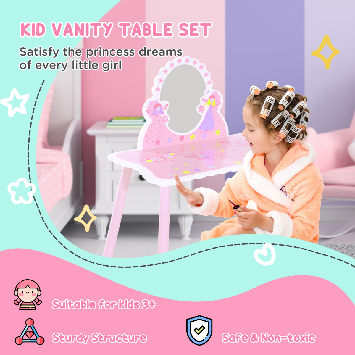 Girls Kids Pink Dressing Table Make Up Play Set Desk Chair Mirror HOMCOM