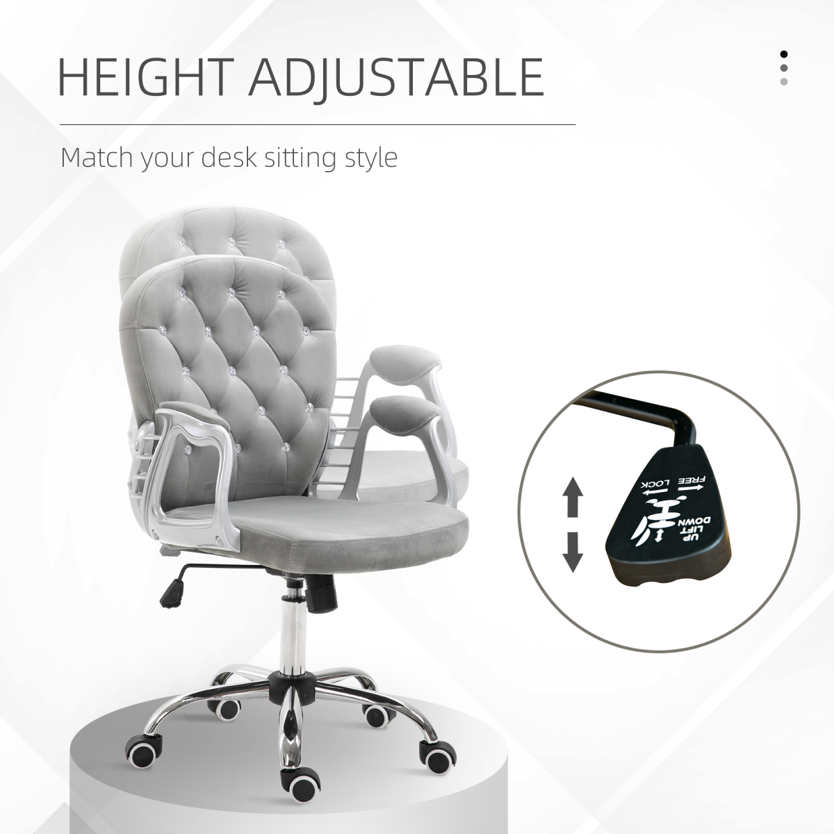 Sparkling Elegance: Ergonomic Velvet Diamond-Tufted Office Chair in Grey