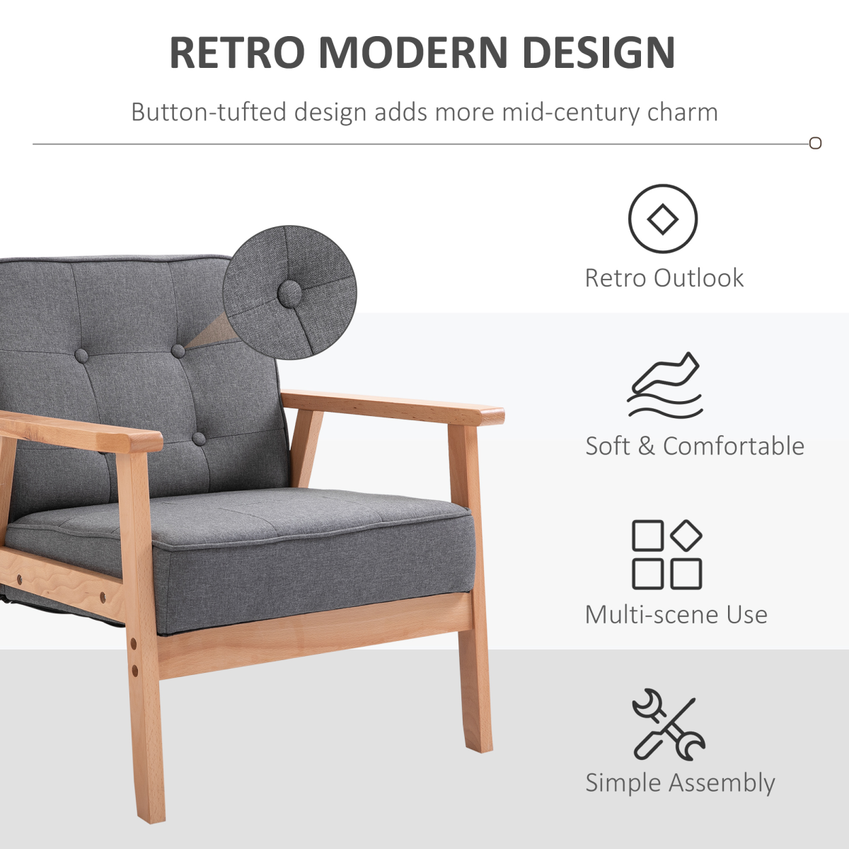 Retro Single Sofa Armchair Beech Wood Frame Padded Cushion Linen Fabric Grey