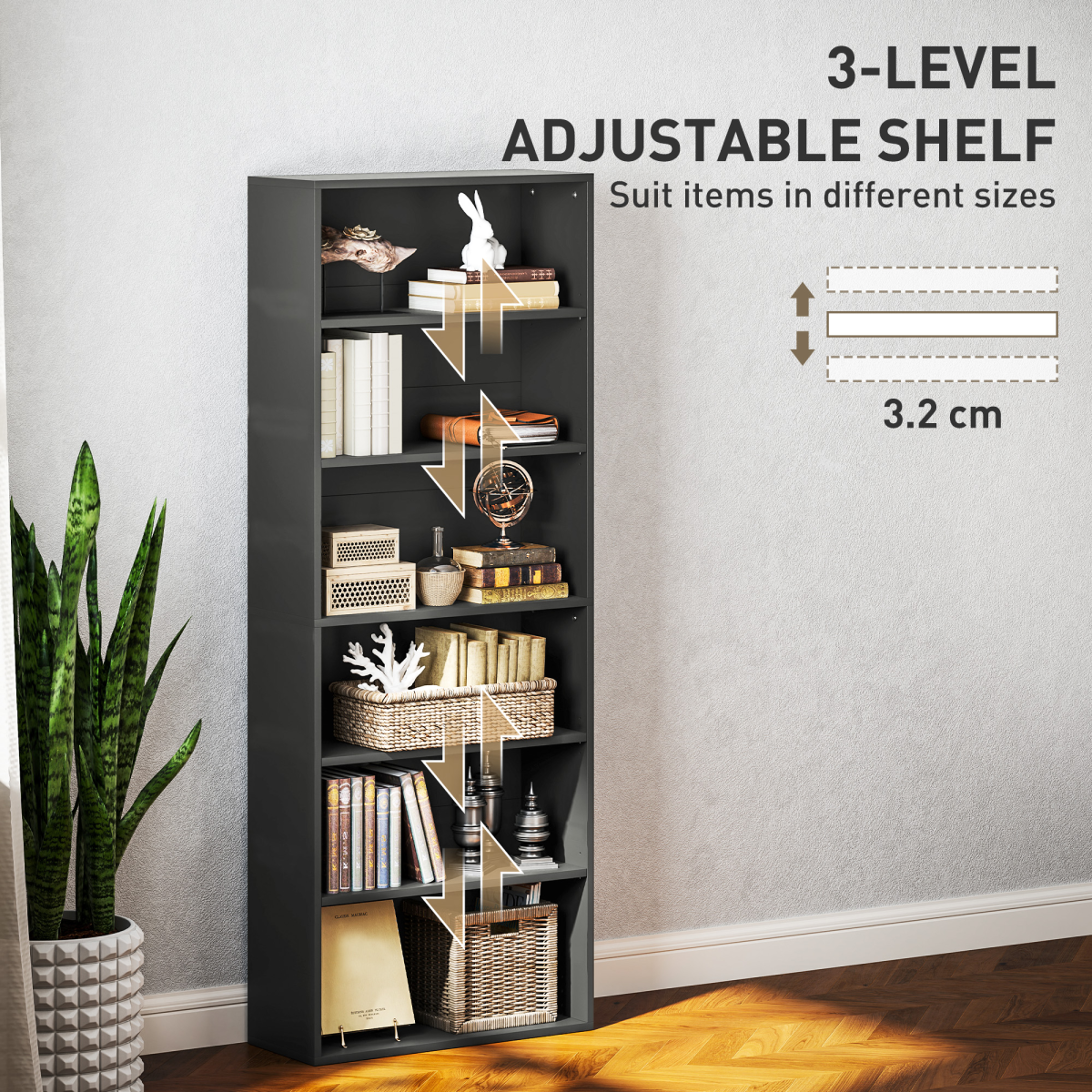 Elegant 6-Tier Adjustable Bookshelf - Stylish Black Freestanding Bookcase