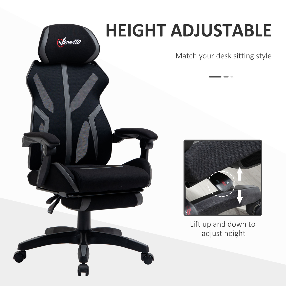 Mesh Task Swivel Chair Office Desk Recliner w/ Lumbar Support, Grey Vinsetto