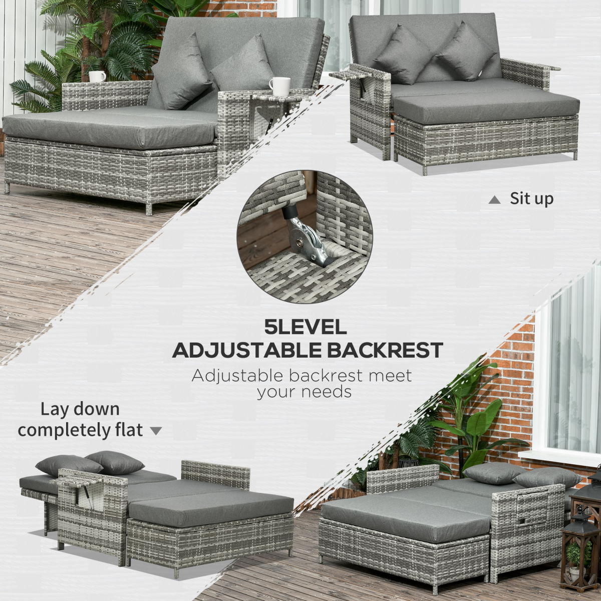 Outsunny Garden Rattan Furniture Set 2 Seater Patio Sun Lounger Daybed Sun Bed